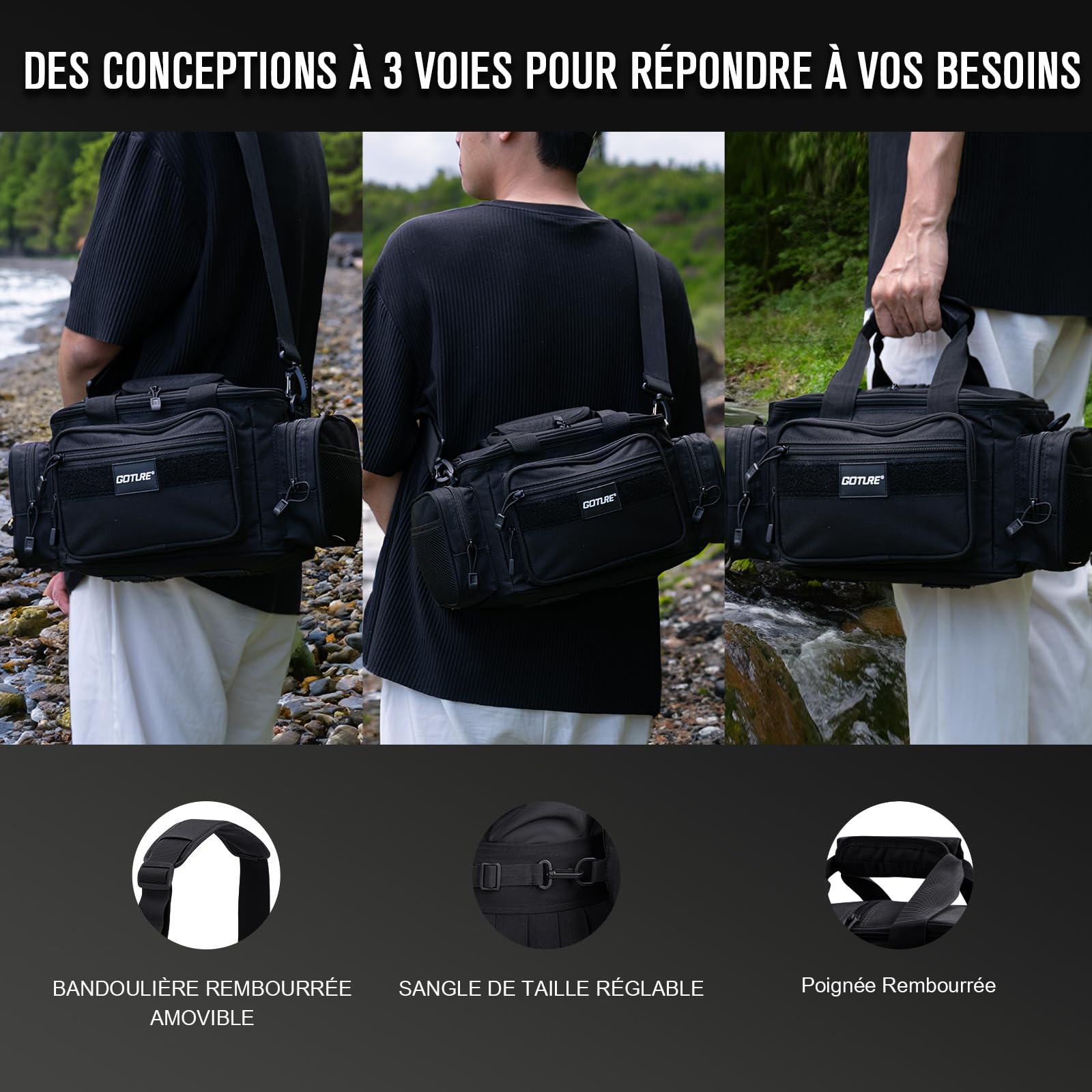 Goture Sac de Pêche Résistant à l'Eau 600D Sac à Bandoulière Tactique pour Eau Douce et Salée