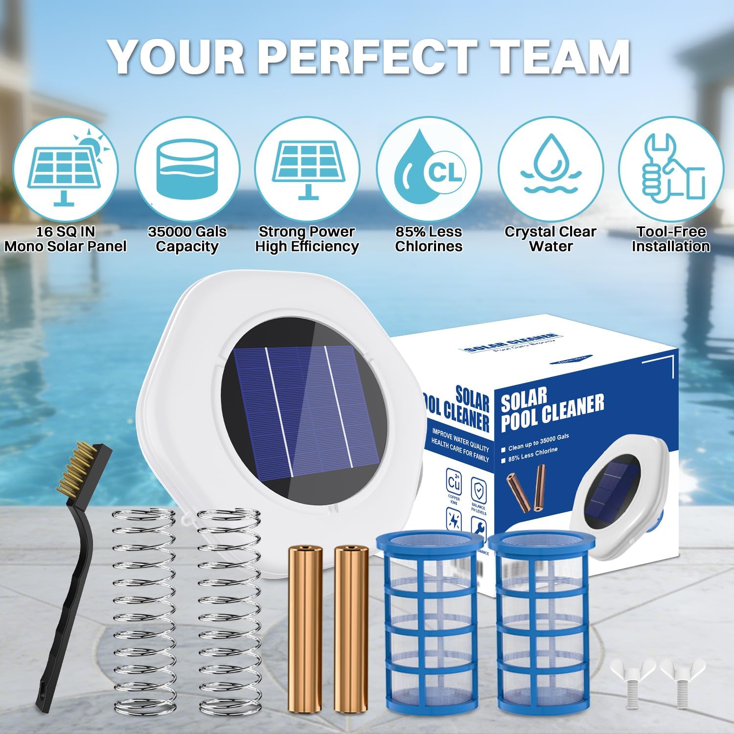 Solar Pool Cleaner | Floating Water Cleaner and Purifier | 2 Sets of Fittings | Solar Powered Up to 35,000 Gal | Compatible with Fresh and Salt Water Pools & Spas | Reduces 85% Chlorine Use