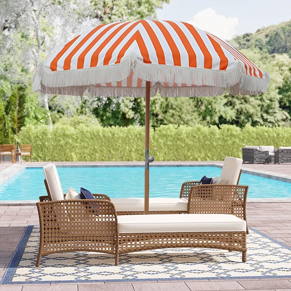 Genérico 220 cm Sombrilla de Exterior a Rayas Naranjas con Borla, Parasol de Playa UPF50+, Sombrilla de Jardín Plegable con Poste de Hierro
