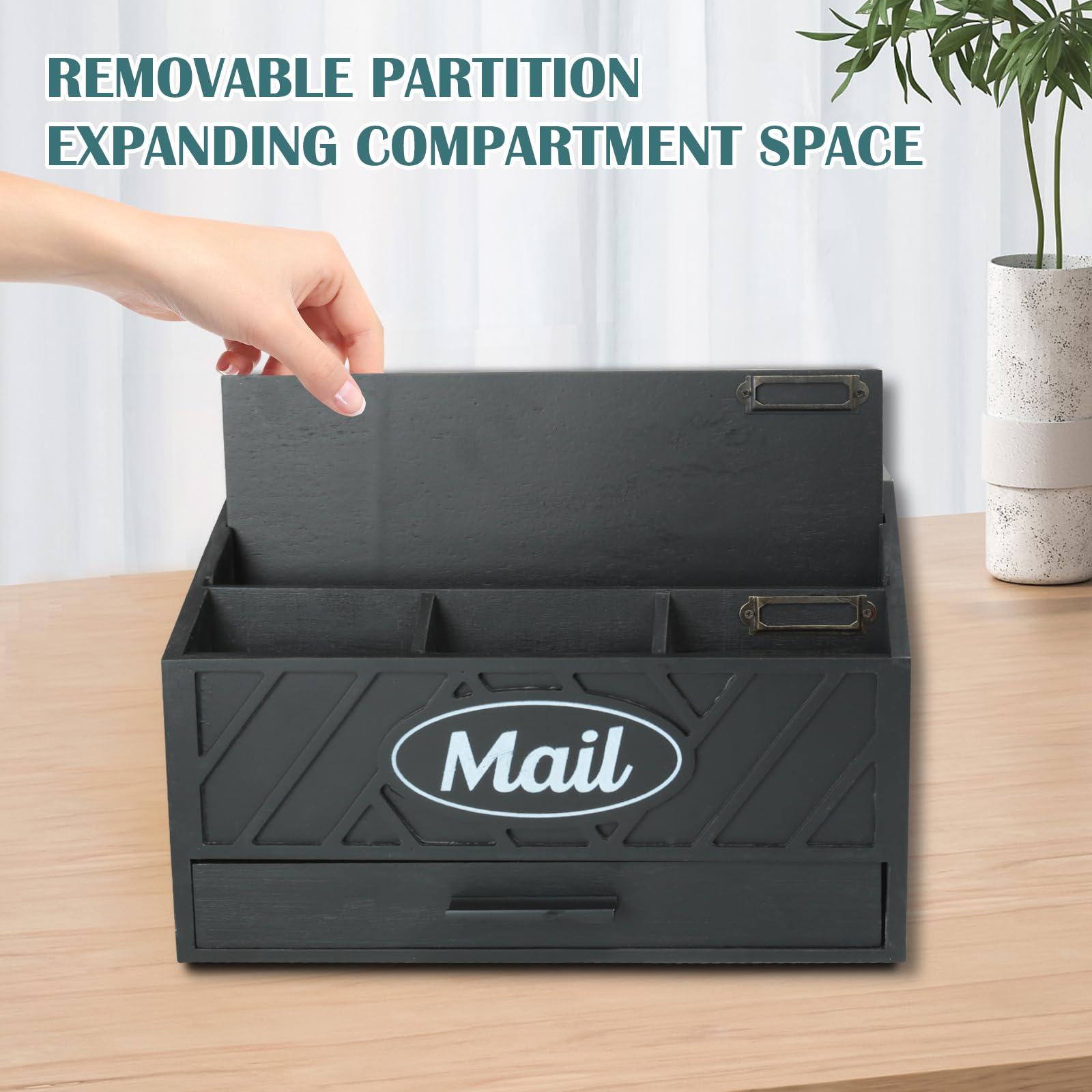 Organizzatore di Posta da Scrivania in Legno con 6 scomparti e cassetto, Organizzatore per Cartelle di Carta e Lettere, Organizer per Cartelle per Scrivania per Lettere Cancelleria, Nero