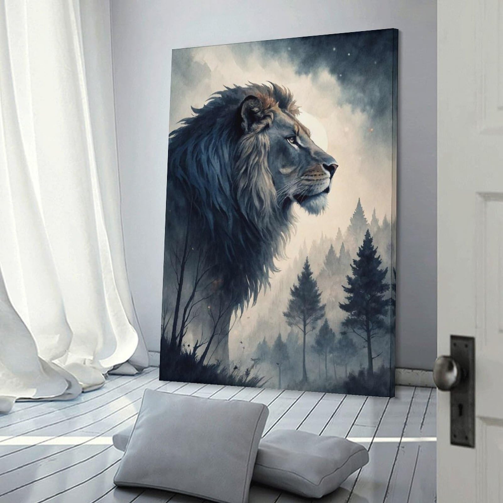 Junmoney Majestic Lion in Misty Forest Canvas Wall Decor, 20x30inch(50x75cm), for Apartment Walls, Studios Or Work Areas, Decorative Canvas Decor for Home Updates