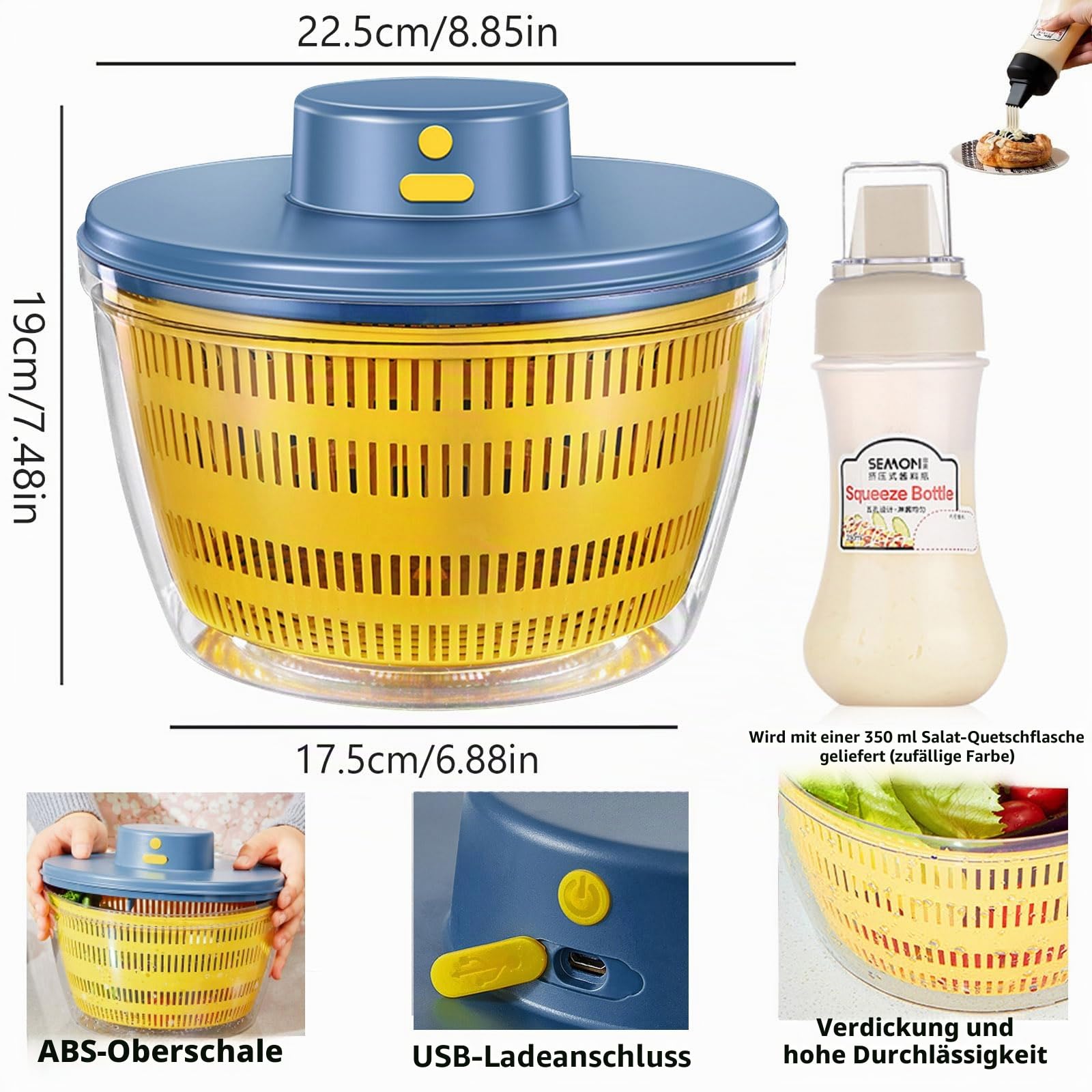 Salatschleuder Elektrische Salatschleuder 4L Küchenhelfer Salattrockner, Automatische Salat Schleuder mit Deckel, für Waschen und Trocknen von Salat Obst Gemüse, mit 350ml Squeeze Flasche