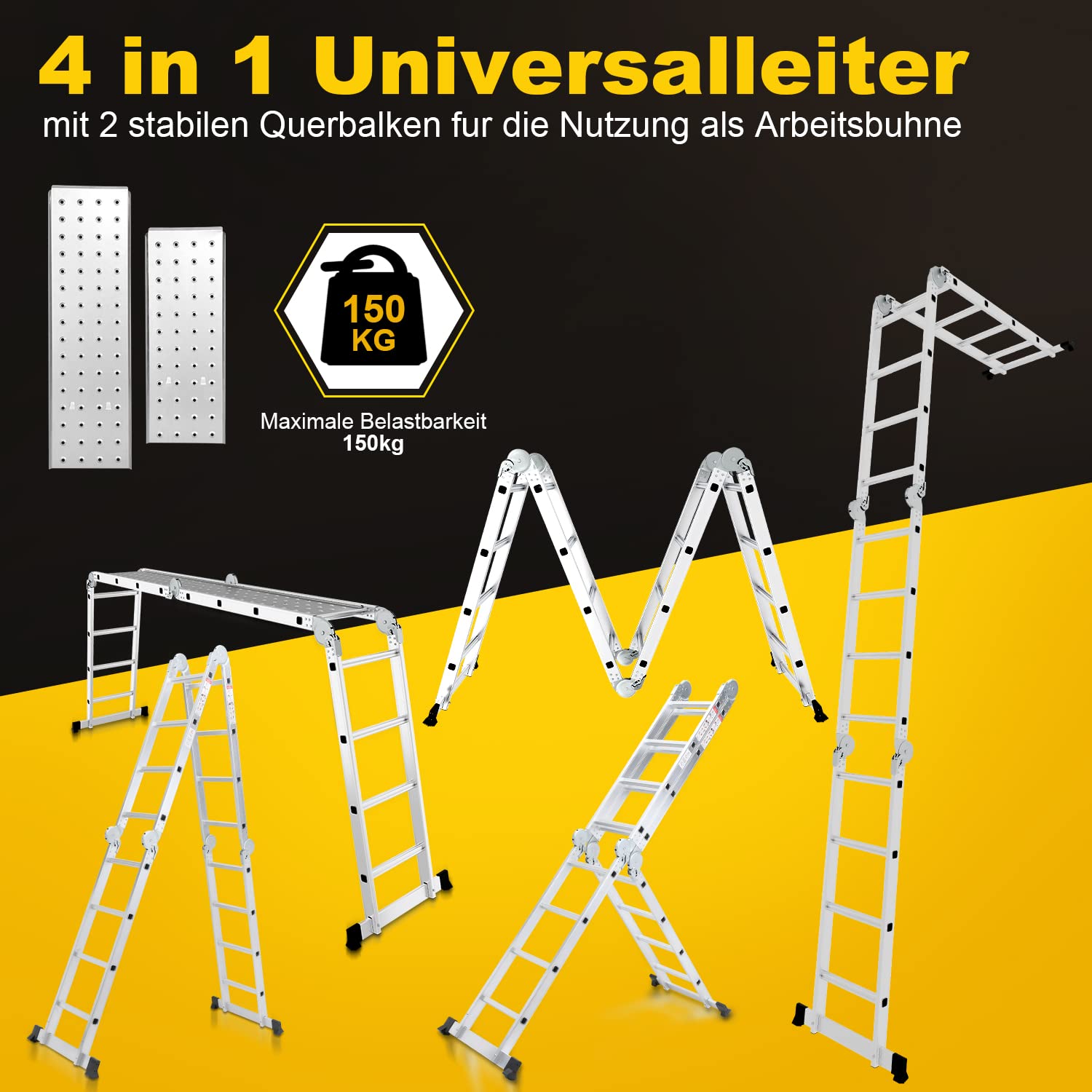 Escalera Multiusos de Aluminio de 4 x 4 peldaños, 470 cm, 7 en 1, con Plataforma, Escalera con 2 Placas de andamio, Escalera Multiusos Plegable, 16 peldaños, Color Plateado