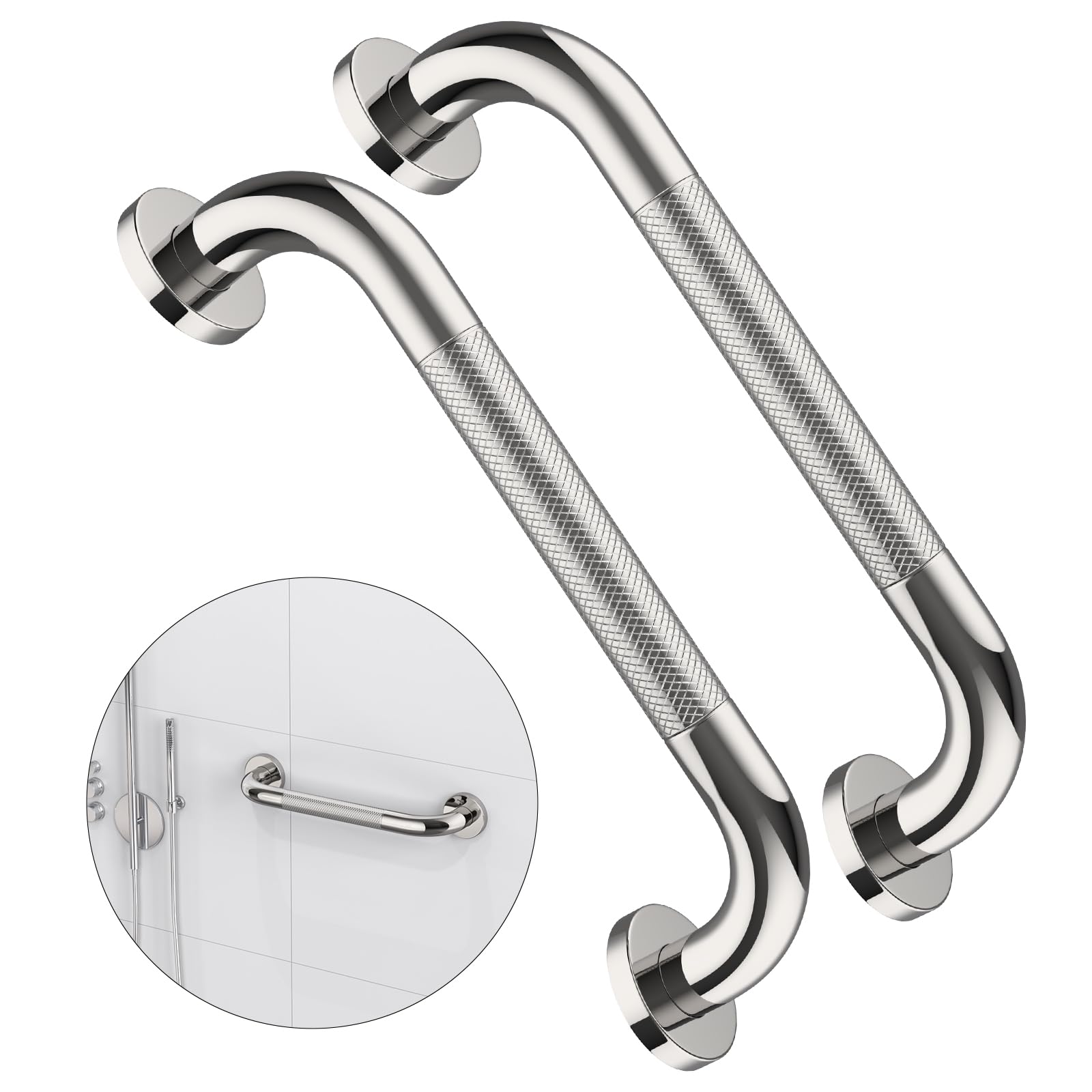 2 Pack 12 Inch Anti Slip Shower Grab Bar Handle, ZUEXT Chrome Stainless Steel Bathroom Grab Bar, Knurled Bathroom Balance Bar,Safety Hand Rail Support,Handicap Elderly Injury Senior Assist Bath Handle