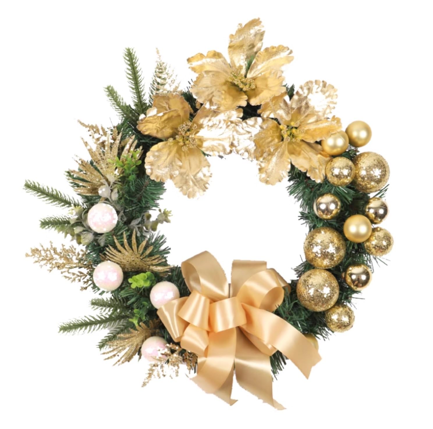 Couronne De Noel Porte Décorations De Porte, Couronne Noël avec Boules, Nœud Et Fleurs for Fenêtre Extérieure Couronne De Noel A Decorer(Gold)