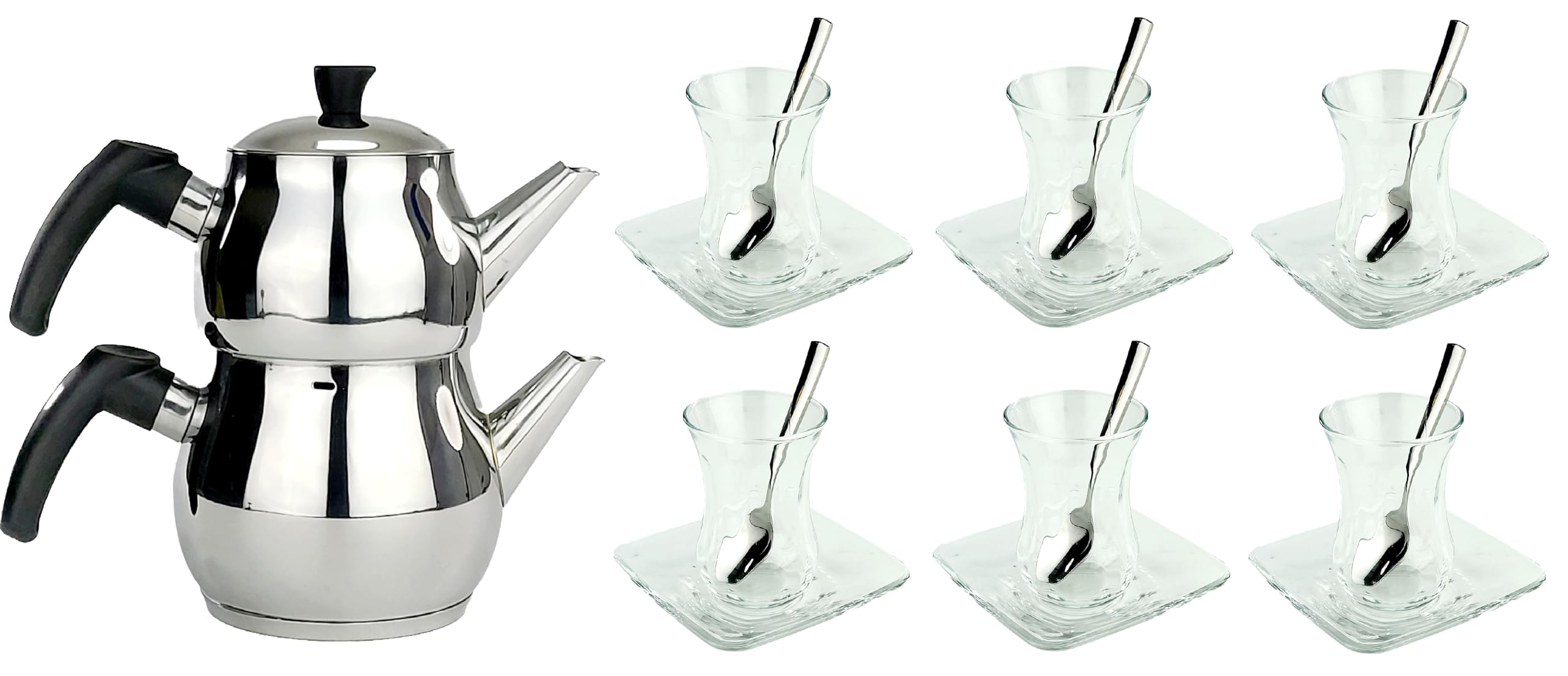 K/A Original türkisches Tee-Set 'Basic Plus K'/ 6 klassische Gläser/ 6 Rührlöffel (von KD)/ 6 Untersetzer/ 1 Teekocher Teekannen Set (Marke RS)
