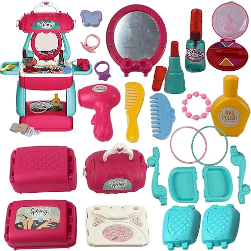 Shape28 Juego de bolsa de belleza, juego de maquillaje de simulación, 44 piezas, juguete de maquillaje para niños, tocador de princesa, tocador para
