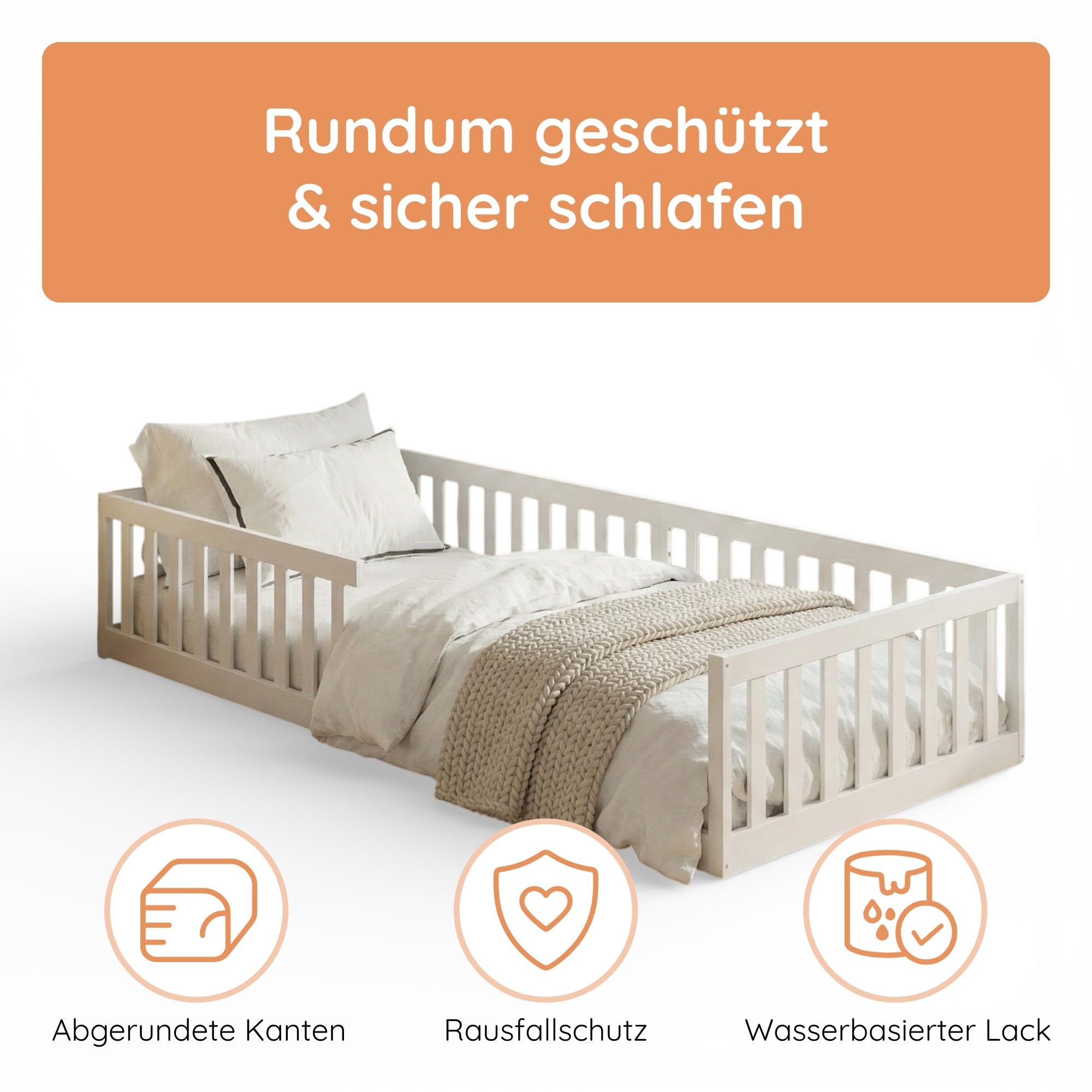 Kids Collective Kinderbett Bodenbett 90x200 cm mit Rausfallschutz & Lattenrost Montessori Bett Bed Gitterbett Kinder Jugendbett Einzelbett | Weiß | weitere Größen 120x200 140x200 cm
