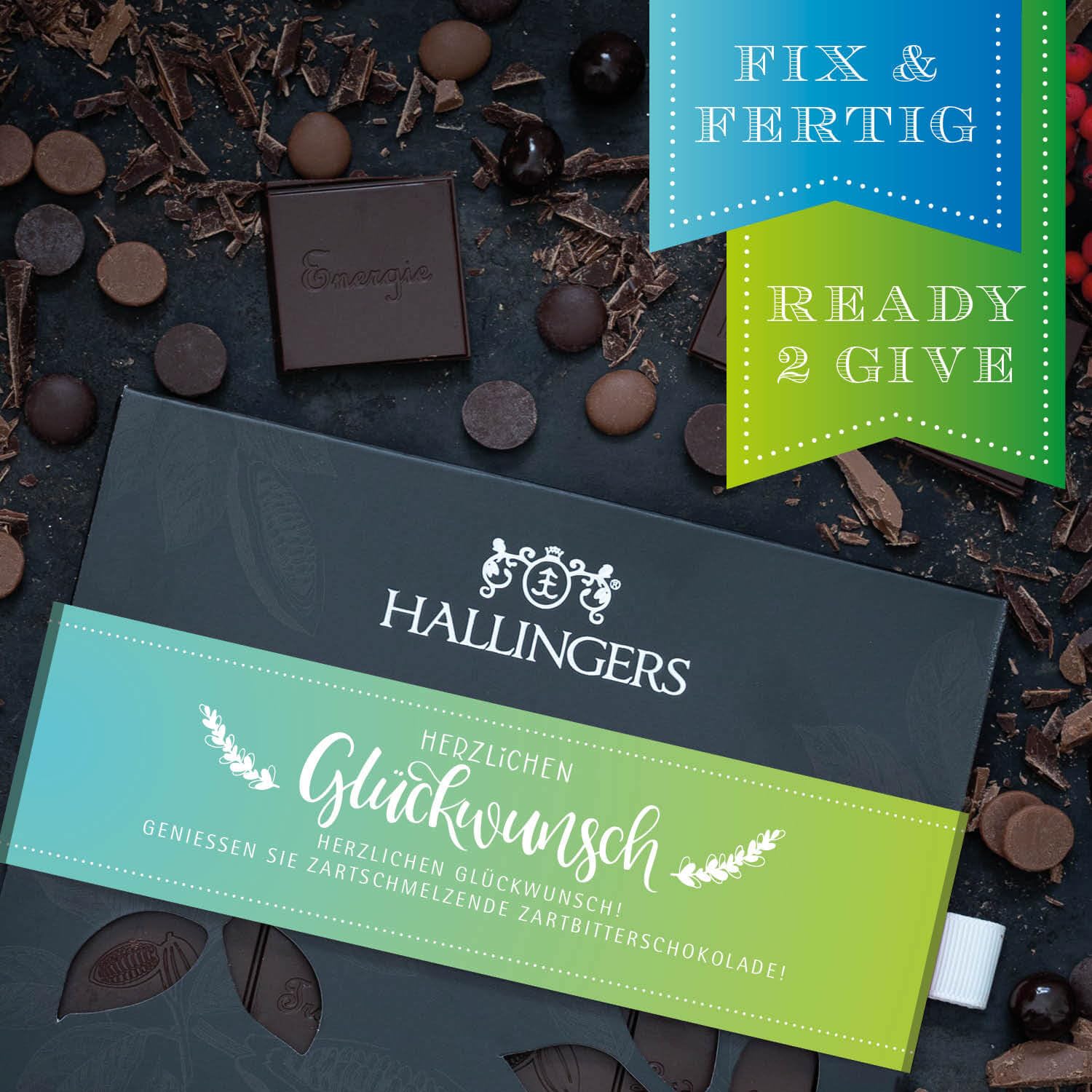 Hallingers Genuss Manufaktur Vegane Schokolade Glückwunsch-Geschenk - Tafel handgeschöpfter Edelkakao ohne Alkohol edler Karton 10x "Herzlichen Glüc..." Pur 85%, Geschenkidee für Frauen Männer
