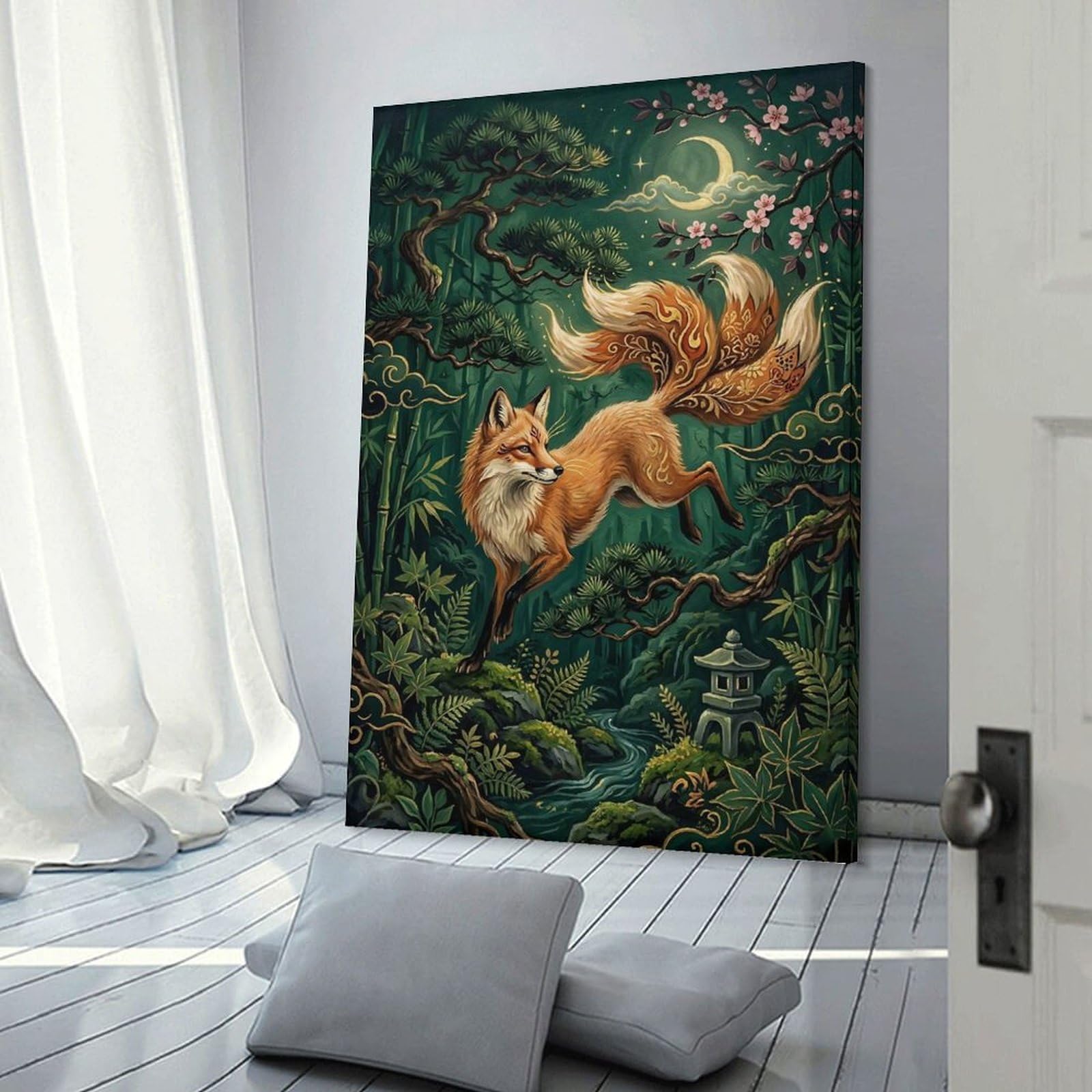 Junmoney Mythical Fox in Moonlit Bamboo Forest Wall Picture Print 16x24inch(40x60cm), for Lounge Decor, Offices Or Entryway Styling, A Flexible Wall Accent for Shared Spaces
