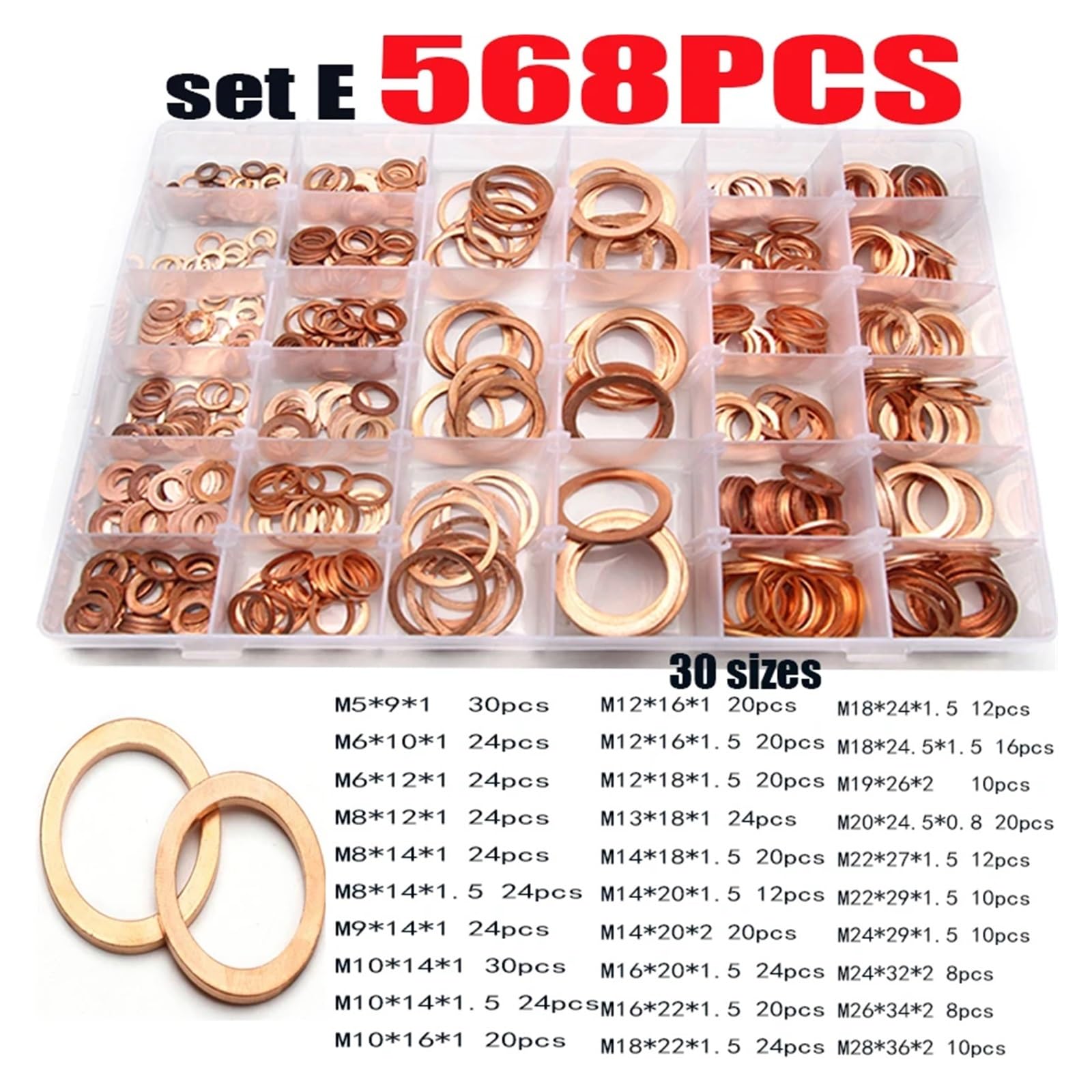 Juego de juntas de arandela de cobre con anillo tórico de 100/200/250/300/568 piezas, M4-M28, anillo de sello plano for barco, anillo de sello plano, tapón de cárter, juntas de aceite(568PCS M5-M28)