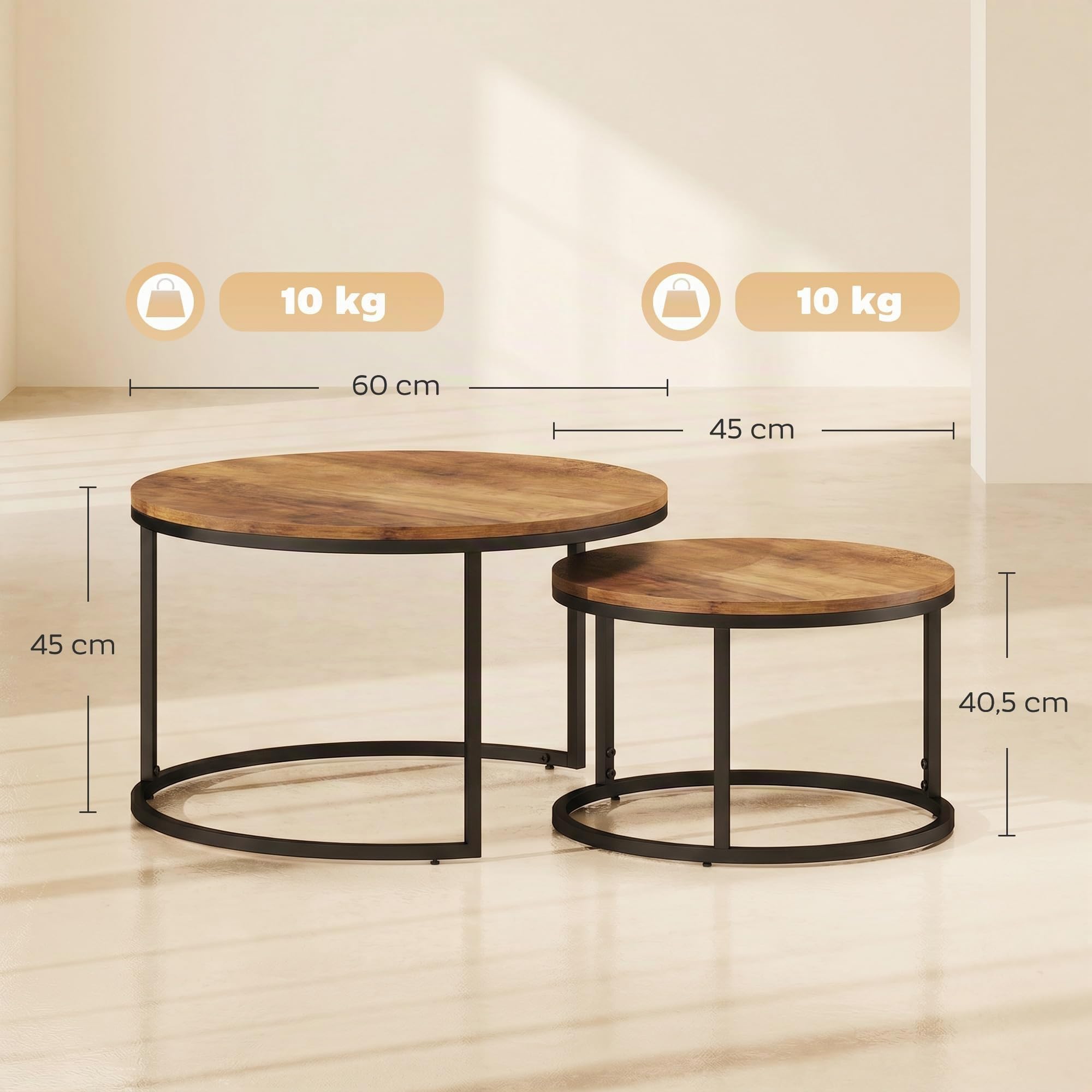 HOMCOM Set de 2 Mesas de Centro Redondas Nido, 60x60x 45 cm, Marrón | Industriales, Estructura Metálica, Salón, Dormitorio u Oficina