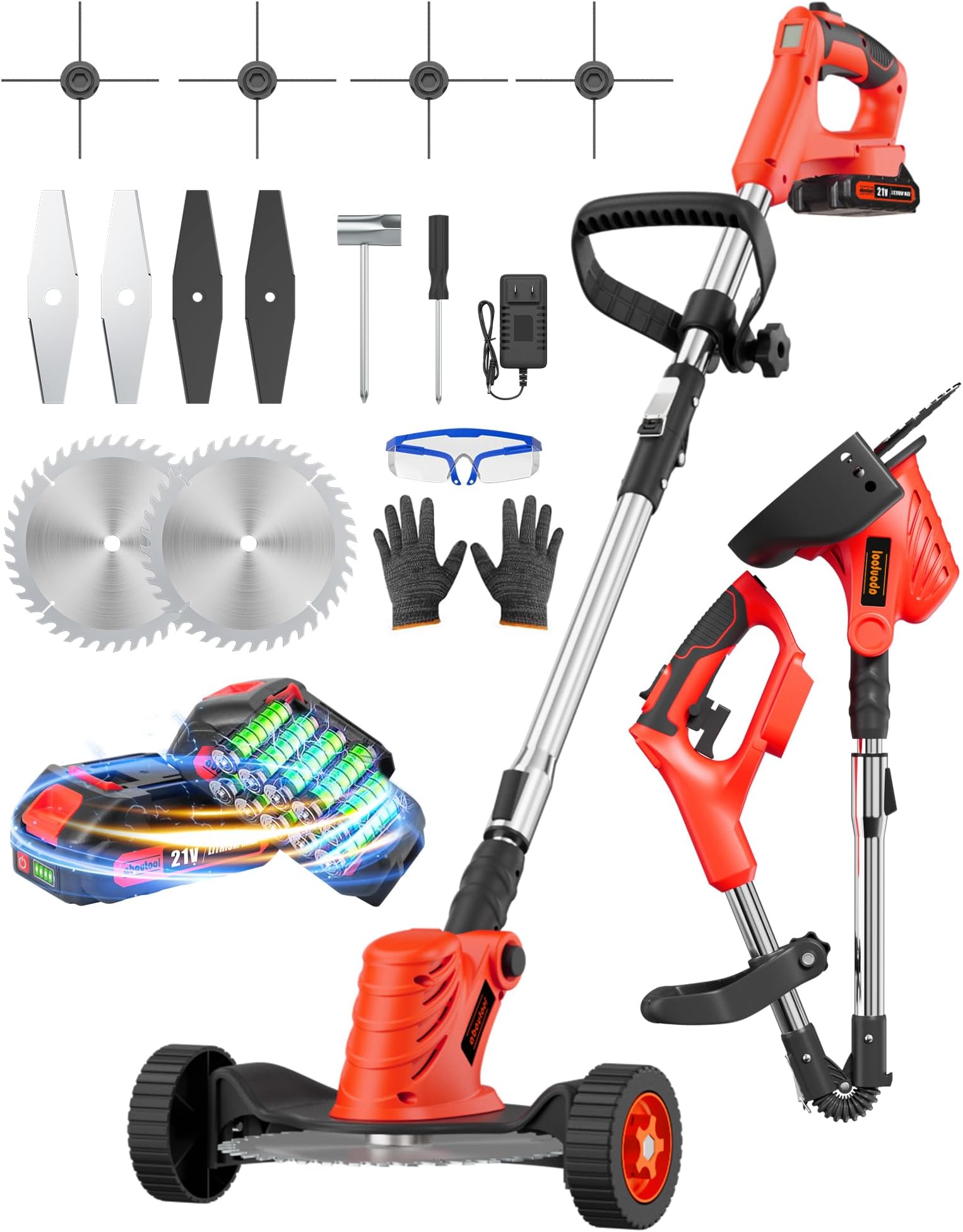 Cordless Weed Wacker, Electric Weed Eater Battery Powered with Two 2.0ah Batteries, 4-in-1 Brushless String Trimmer/Brush Cutter/Edger/Lawn Mower, with 6 Blades and 4 Cutting Lines