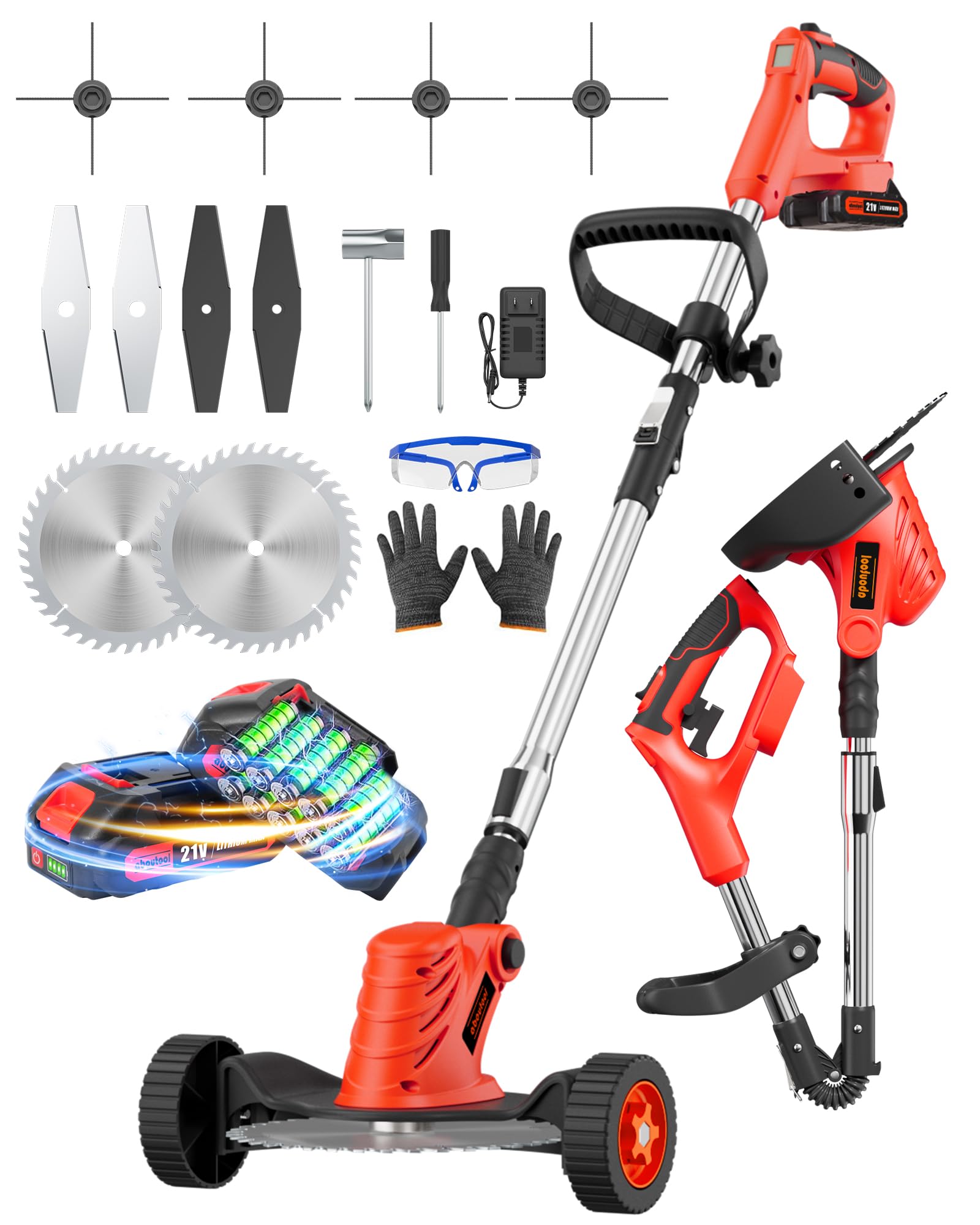 Cordless Weed Wacker, Electric Weed Eater Battery Powered with Two 2.0ah Batteries, 4-in-1 Brushless String Trimmer/Brush Cutter/Edger/Lawn Mower, with 6 Blades and 4 Cutting Lines