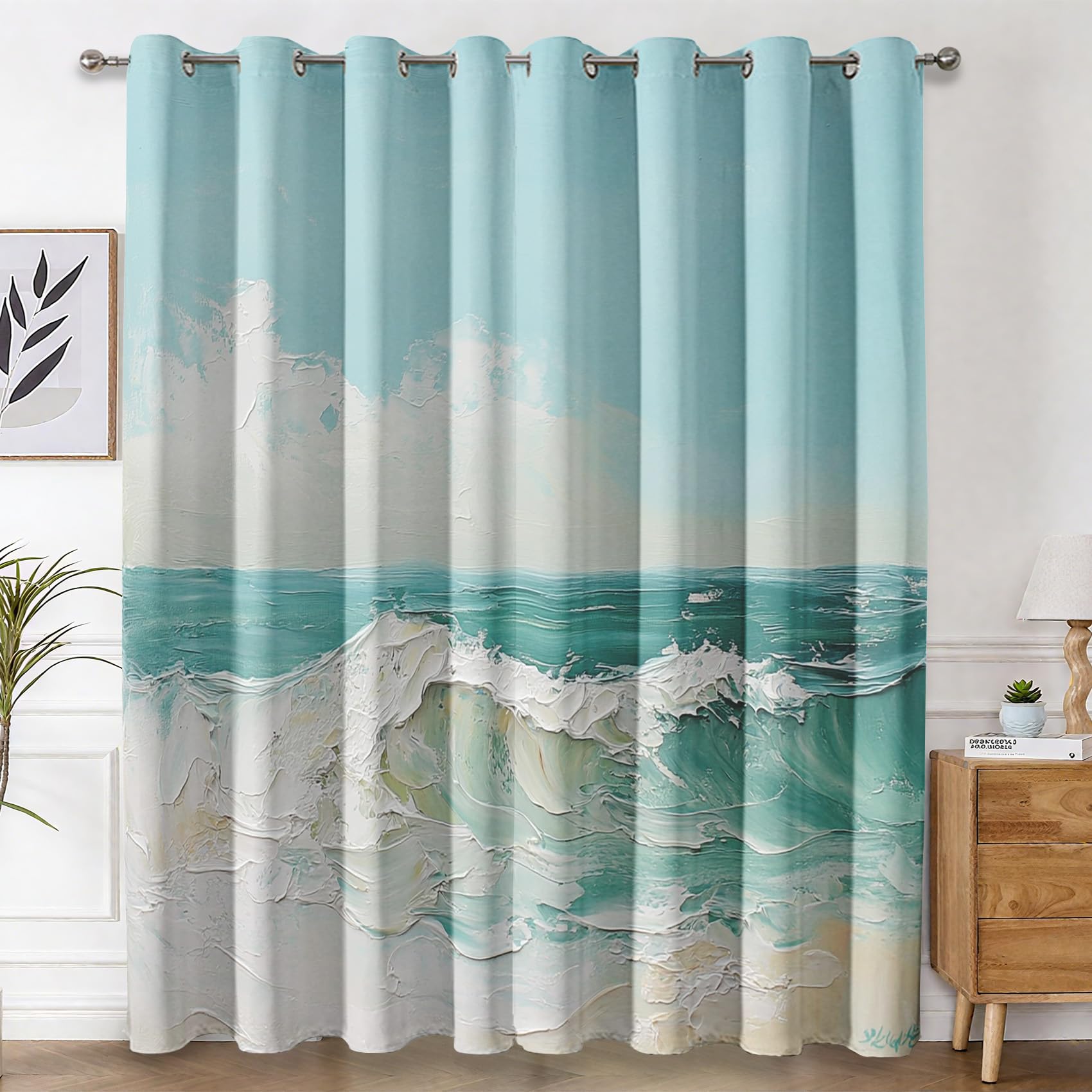 Generisch Meereswelle Vorhänge Wohnzimmer, Vorhang Blickdicht Ölgemälde Wellen Gardinen mit Ösen Schlafzimmer, Thermo Verdunklungsvorhänge 2er Set H200 x B140 cm pw&78
