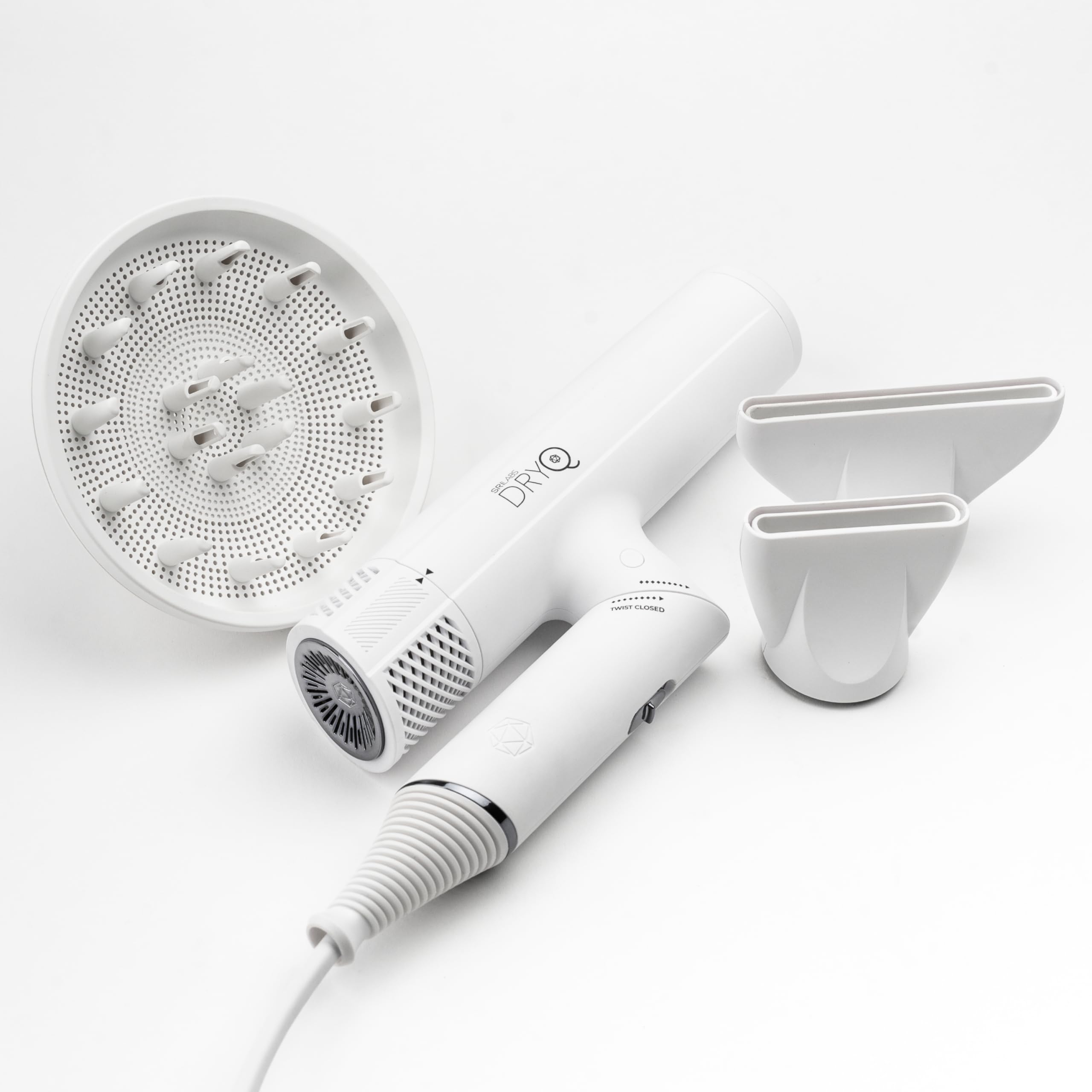 SRILabs DryQ ‘Smart’ Hair Dryer – White Edition – Super Lightweight, Foldable – Powerful, Quiet Motor – Infrared & Ionic Technology – 3 Magnetic