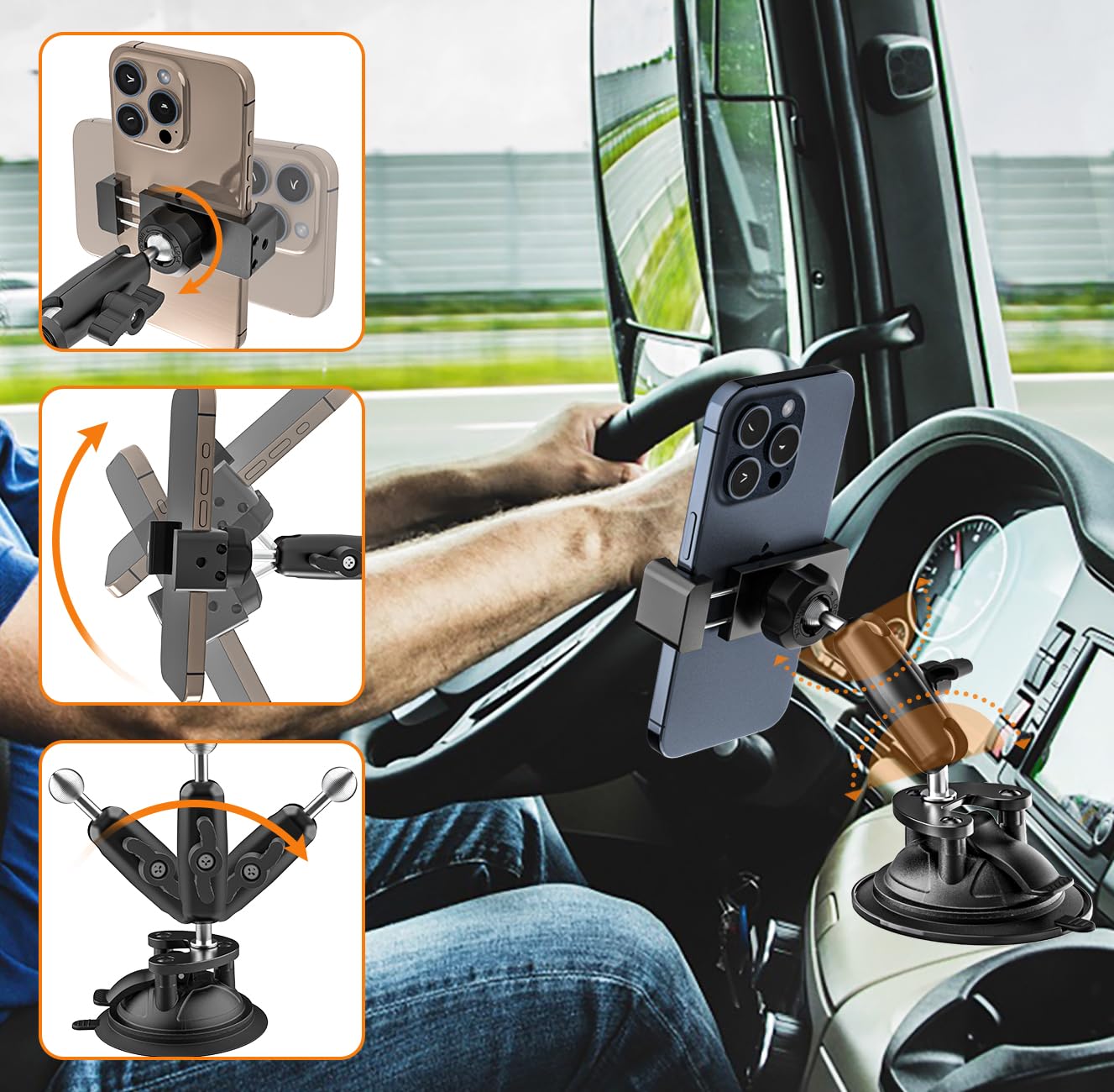 Supporto Telefono Trattore/Auto in Metallo, Braccio Regolabile in Alluminio | Supporto Cellulare Cruscotto Parabrezza Finestrino con Grande Ventosa per tutti i Telefoni, iPhone 17 16 15 Pro Max ecc