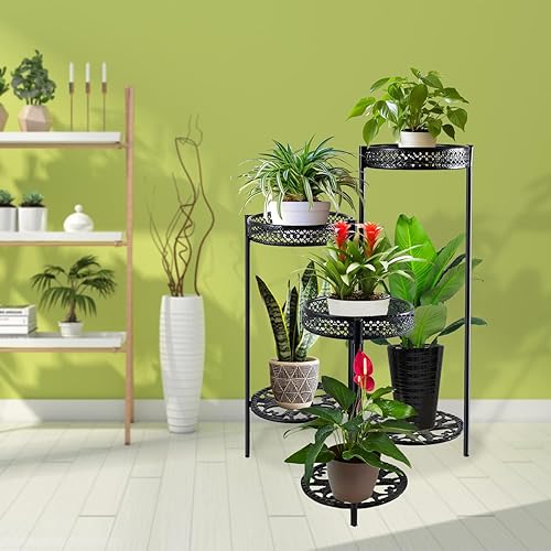 Miniatura 6 de Soporte para plantas para interiores y exteriores, negro de 2 niveles y 24 pulgadas de alto, robusto soporte para macetas de metal resistente,