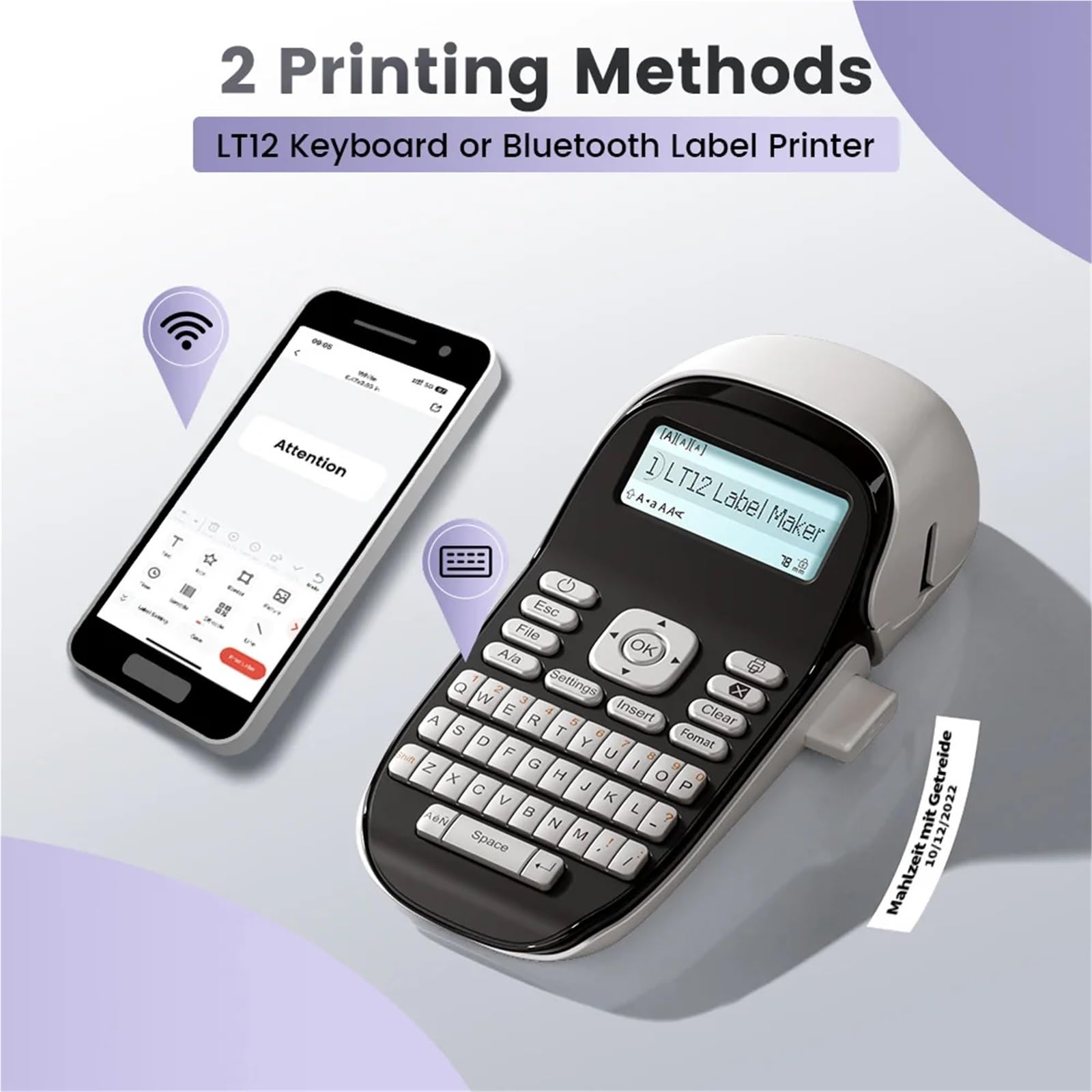 Producent etykiet, Drukarka Etykiet LT12, Przenośna Bezatramentowa Bluetooth, Naklejka Do Biura, Domu, Klawiatura QWERTY, Klawisz Dotykowy, do domu, kuchni, biura(Black Printer)