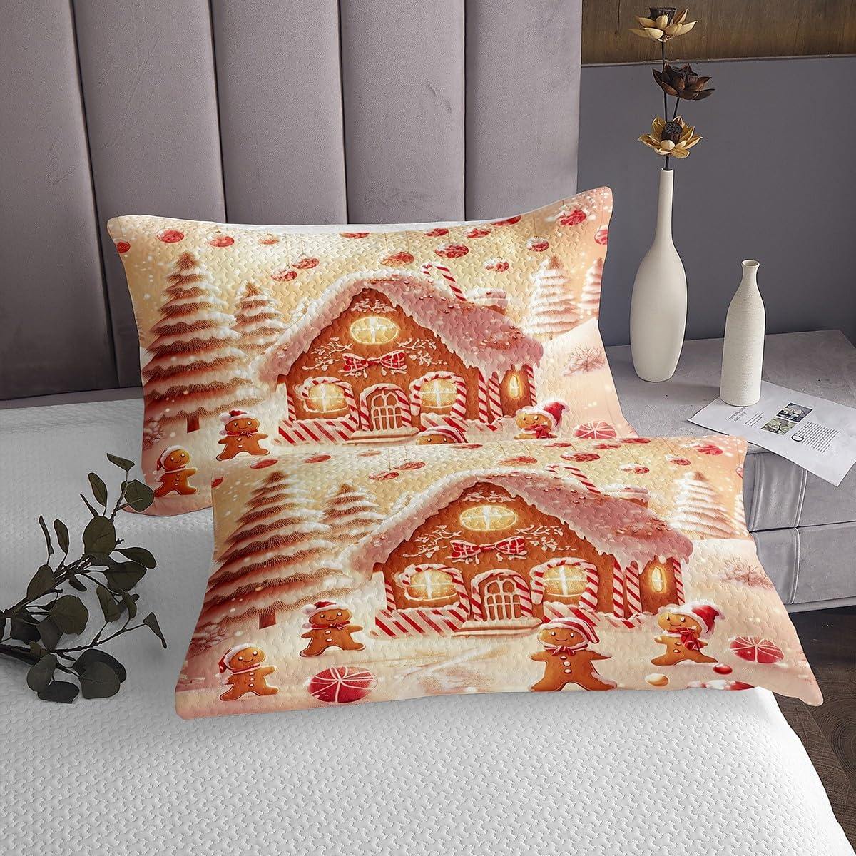 Erosebridal Christmas Gingerbread House Quilts Cute Gingerbread Coverlet Set, Xmas Tree Decorations Bedspread Sets Merry Christmas Quilt Set Queen