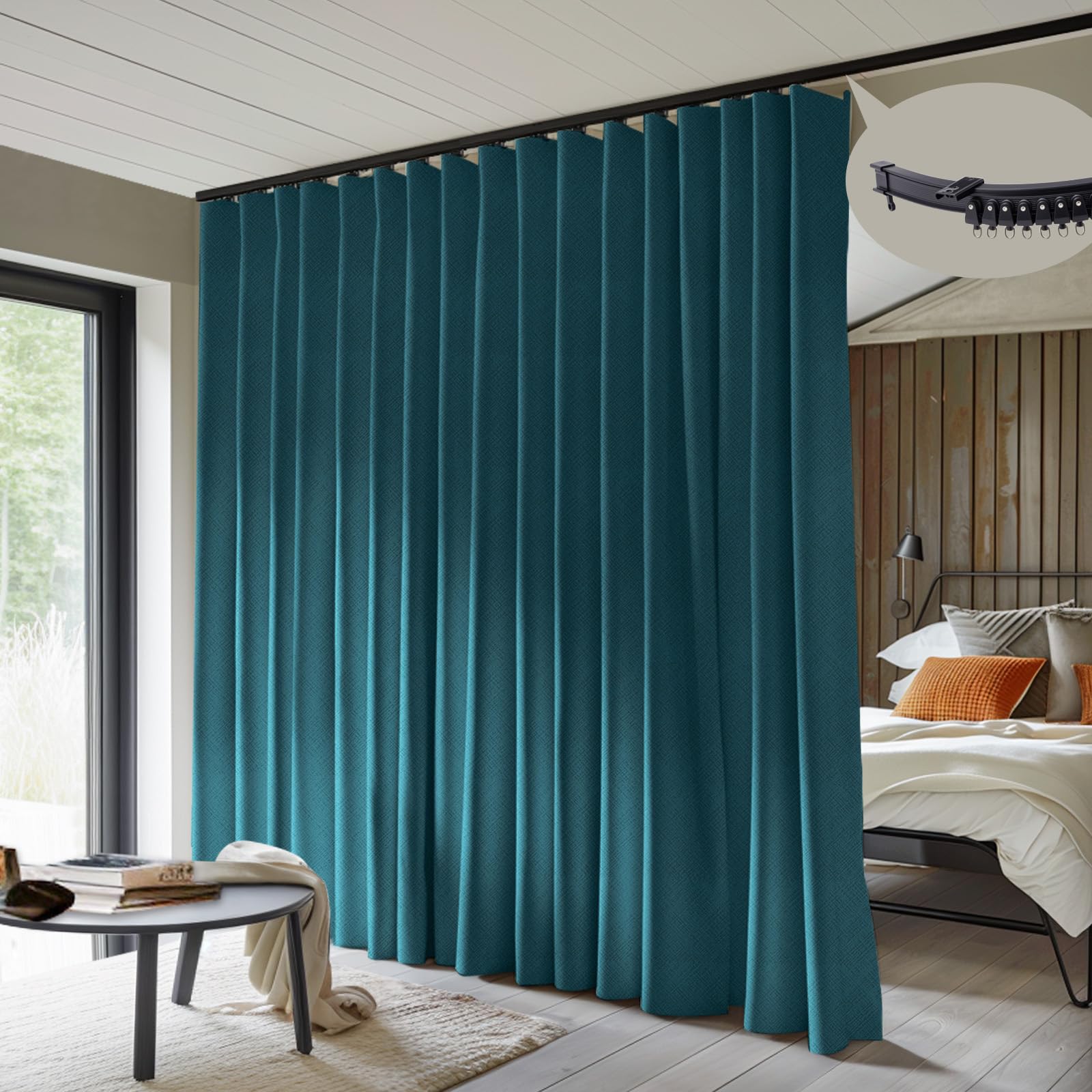 MaKefeile Room Divider Curtains with Flexible Ceiling Curtain Tracks Set,100% Blackout Floor to Ceiling Curtains Patio Sliding Door Curtains (Azure Blue Drape &amp; Black Rail W 15 × H 8 FT)