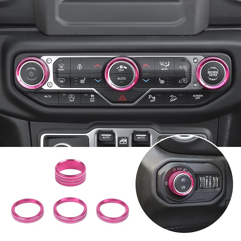 Voodonala Kit de Apliques para Manoplas dos Controles de Ar-Condicionado e Faróis Jeep Wrangler JL JLU e Gladiator JT, Alumínio Rosa, 4 peças