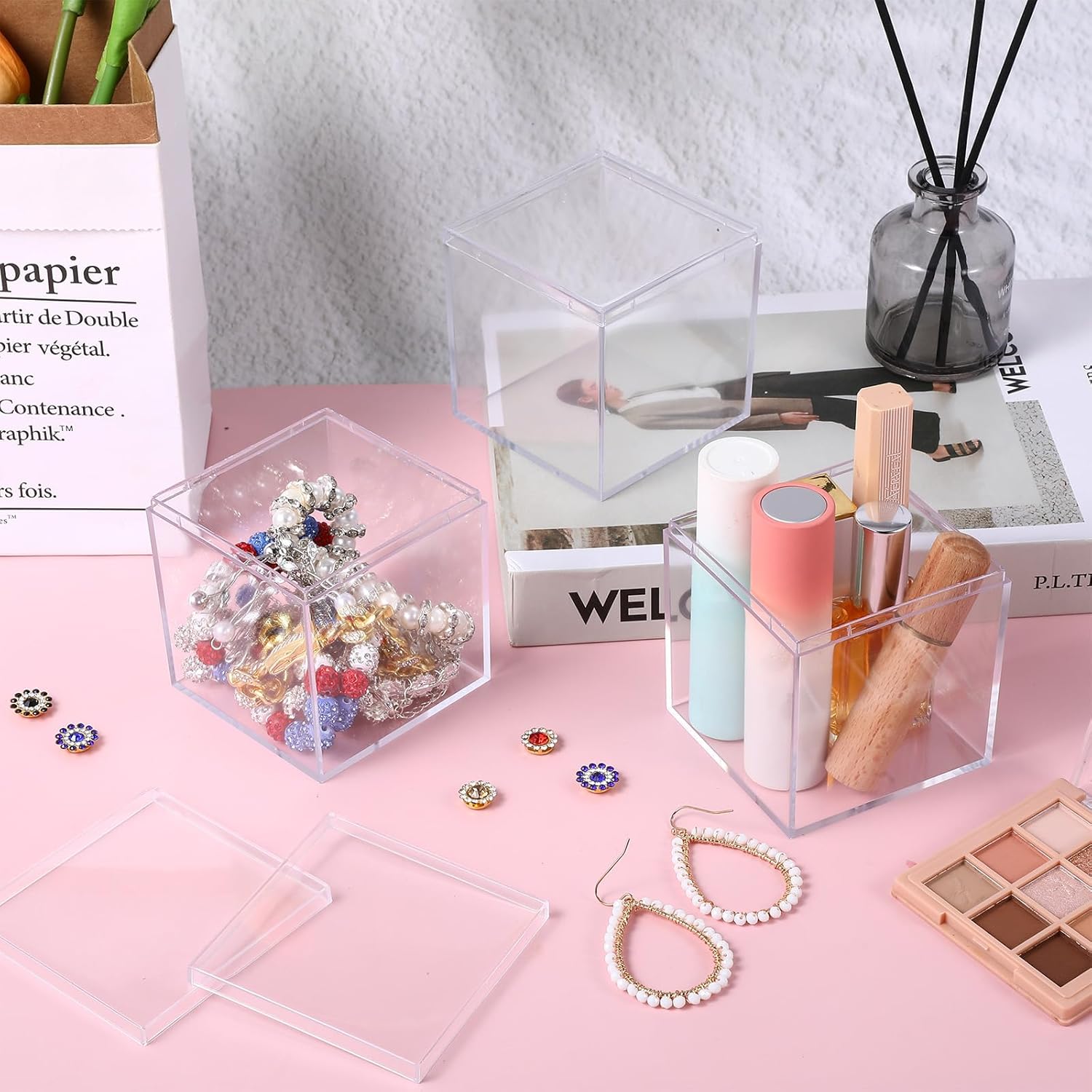 12 Pcs Clear Acrylic Plastic Small Acrylic Box with Lid Decorative Storage Box Jewelry Display Mini Clear Container for Home Candy Pill Tiny Jewelry, 3 x 3 x 3