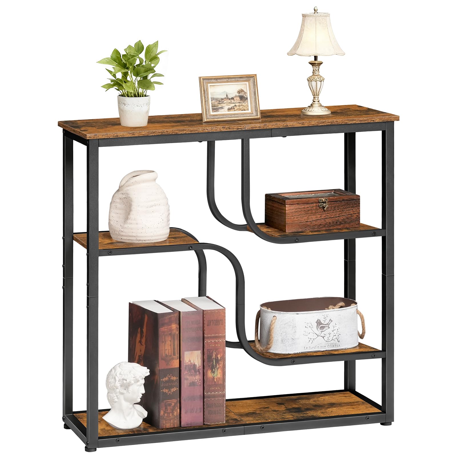 HOOBRO Console Meuble Étroite à 5 Étages, Table d’Entrée Style Industriel Rétro, pour Entrée, Salon, Couloir, Cadre en Fer et Plateau à Motifs de Bois, Marron Rustique et Noir EBF69XG01