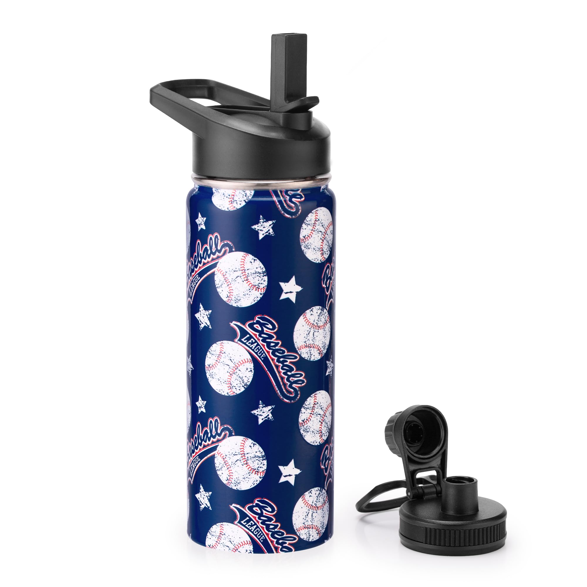 18oz Insulated Water Bottle with Straw Lid & Spout Lid, Baseball, Gift for Kids Boys to School Sports Travel Fitness Hiking Outdoors, Double Wall 18/8