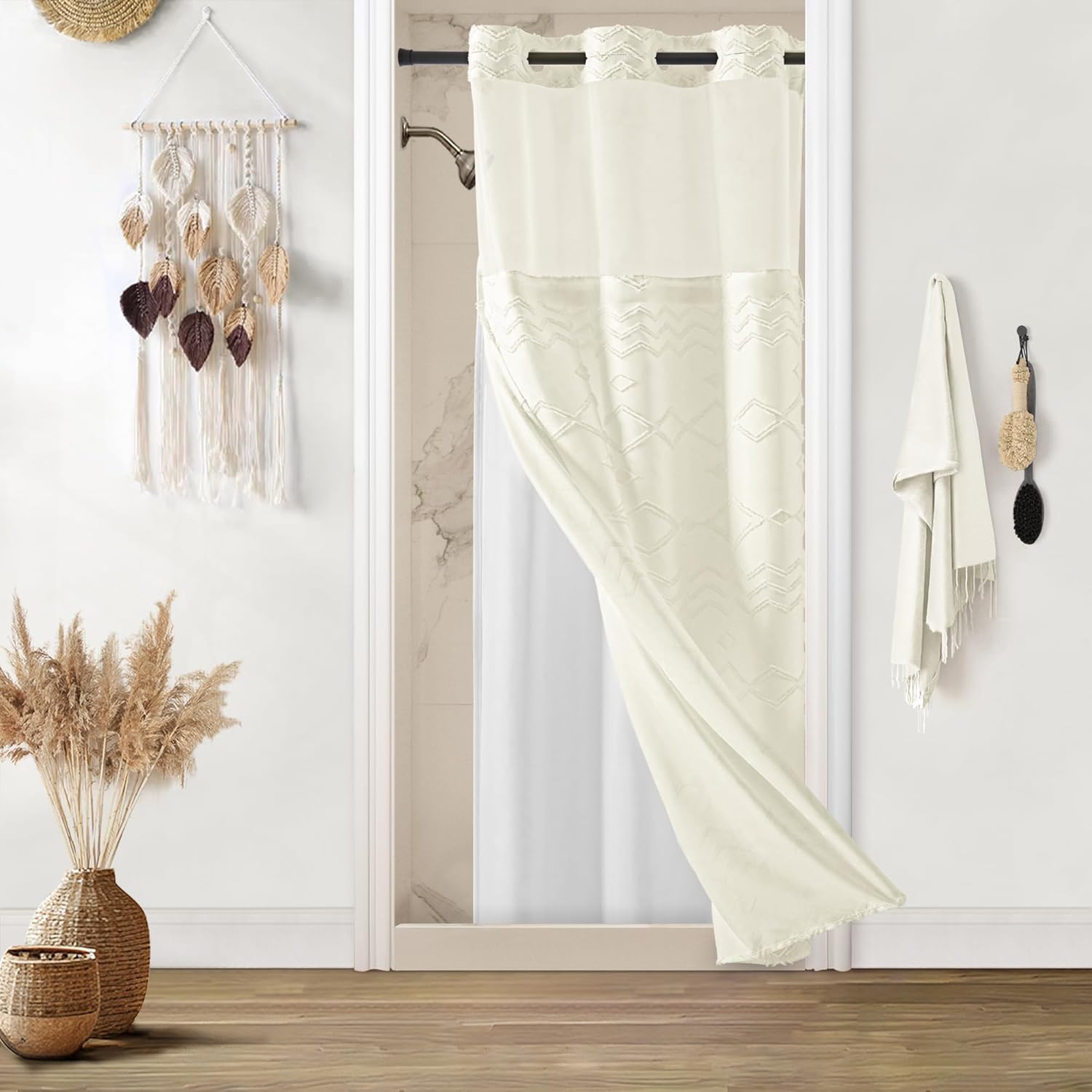 PANGSINNE No Hooks Stall Shower Curtain with Snap in Liner- Water Repellent Tufted Chevron Striped Shower Curtains for Bath Tubs, Narrow Hotel Quality Bath Curtain Set, 36Wx74H, Beige