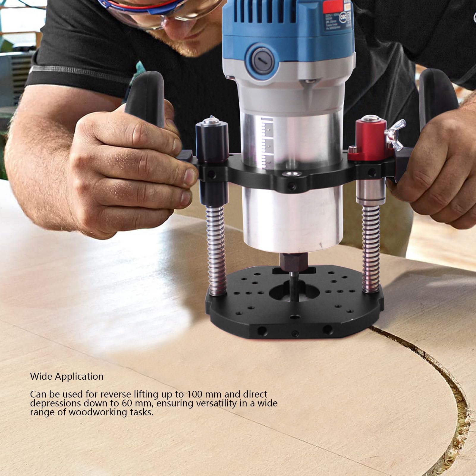 Ejoyous Router Lift System, Router Lift Base regulowany skok stołu frezarskiego ze stopu aluminium uchwyt do frezarki do obróbki drewna, zakres zacisku 63,5-65 mm