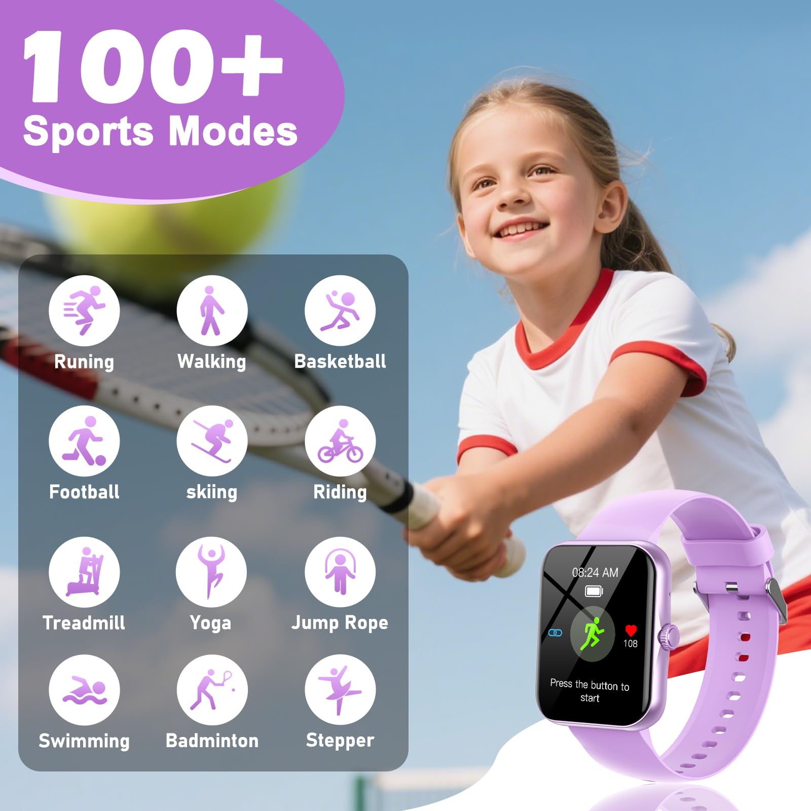 Smartwatch Bambini Fitness Tracker, 1.83" HD Orologio per Bambino Bambina con Frequenza Cardiaca Monitor del Sonno Resistente all'Acqua IP68, Smart Watch per Ragazza Ragazzo Ado 5-16 Anni Regalo Viola