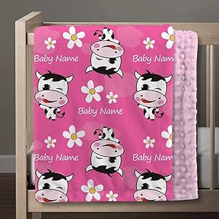 Personalized Cow Baby Blanket for Boys and Girls, Custom Cute Cow Print Baby Blankets with Name, Cow Theme Baby Blanket for Newborn Infant Toddlers Kids, Warm Plush Baby Blanket