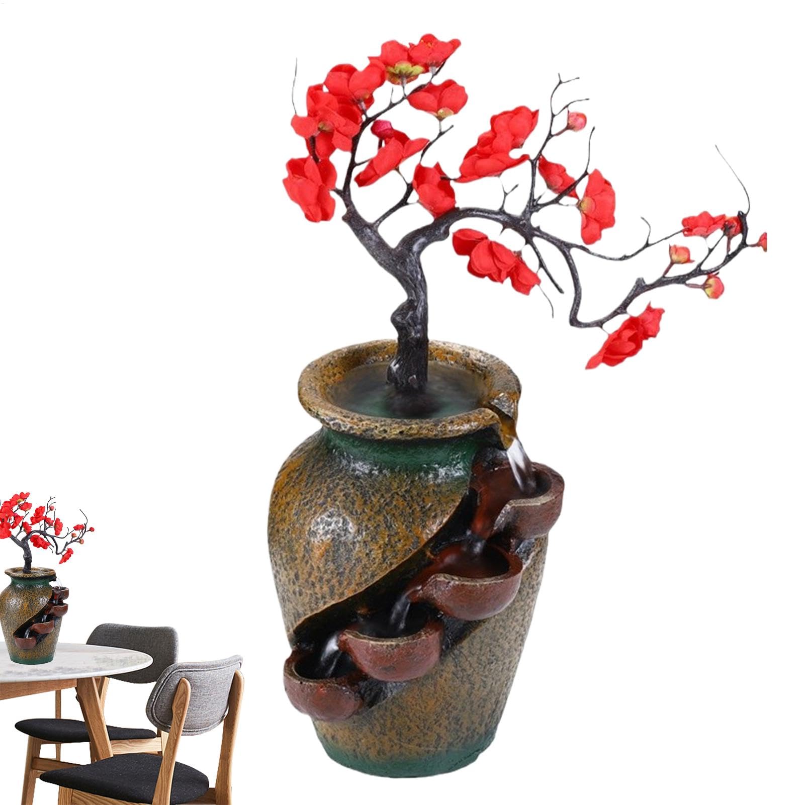Vaso a cascata, fontana di animali - fontana da tavolo in resina torbida - flussi d'acqua e albero artificiale - Zen Relaxation Desktop Decorazione per la casa per camera da letto soggiorno | Ornamenti per acqua corrente per interni per sala da tè a sala