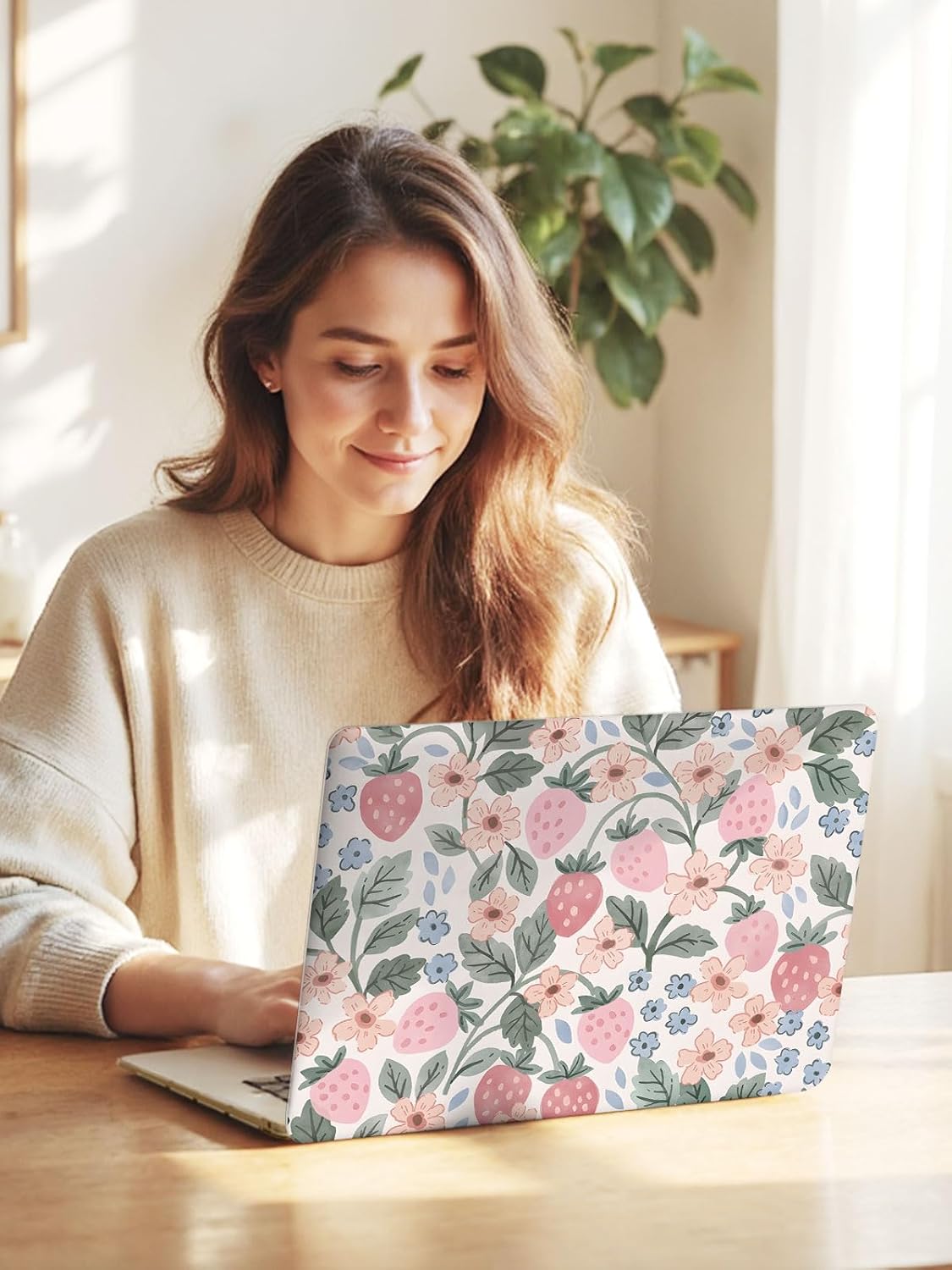 Seorsok Compatible with MacBook Air 13 Inch Case 2022 2021 2020 2019 2018 Release A1932 A2179 M1 A2337,Brightly Colored Pink Strawberry Plastic Hard Shell Case with Keyboard Cover,Blooming Floral