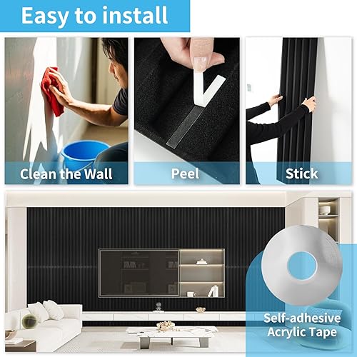 Miniatura 7 de Art3d Paquete de 10 paneles acústicos autoadhesivos con cinta acrílica, 12 x 48 pulgadas, paneles de pared de poliéster autoadhesivos que absorben