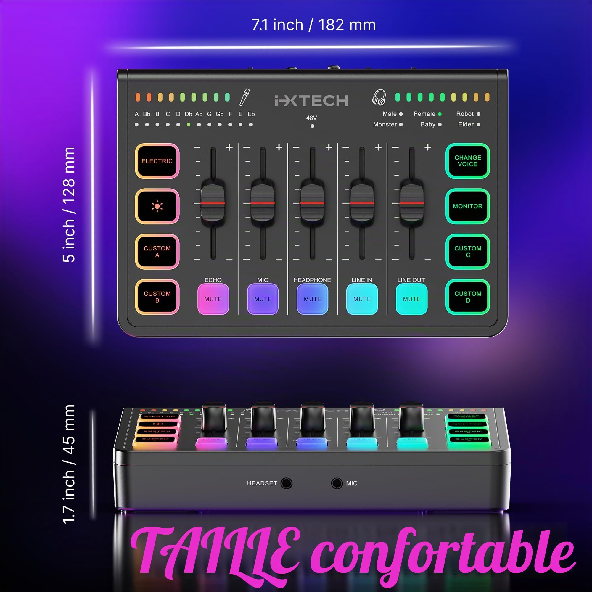 IXTECH Table de mixage audio de jeu 4 canaux, interface audio RVB pour PC avec prise en charge du microphone XLR, égaliseur audio pour jeu, podcast, streaming, karaoké, commandes de volume