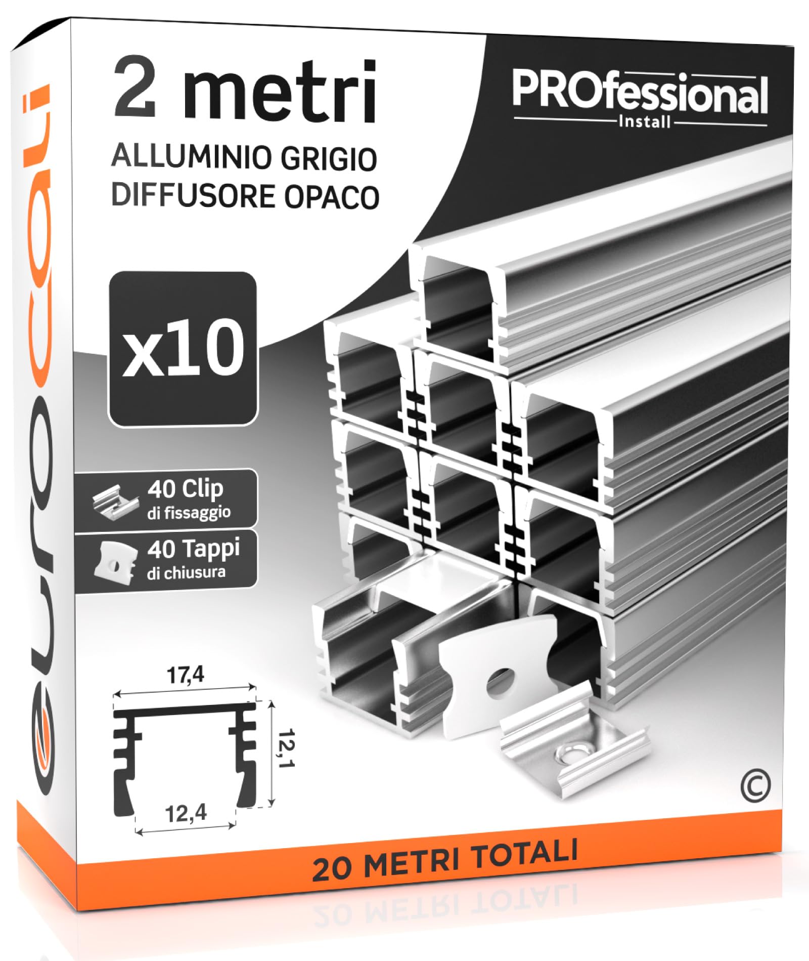 Eurocali 10x Profili da 2 metri (20mt) in Alluminio grigio per Strisce LED Copertura Opaca larghezza max striscia led 12.4mm - 17.4 x 12.1