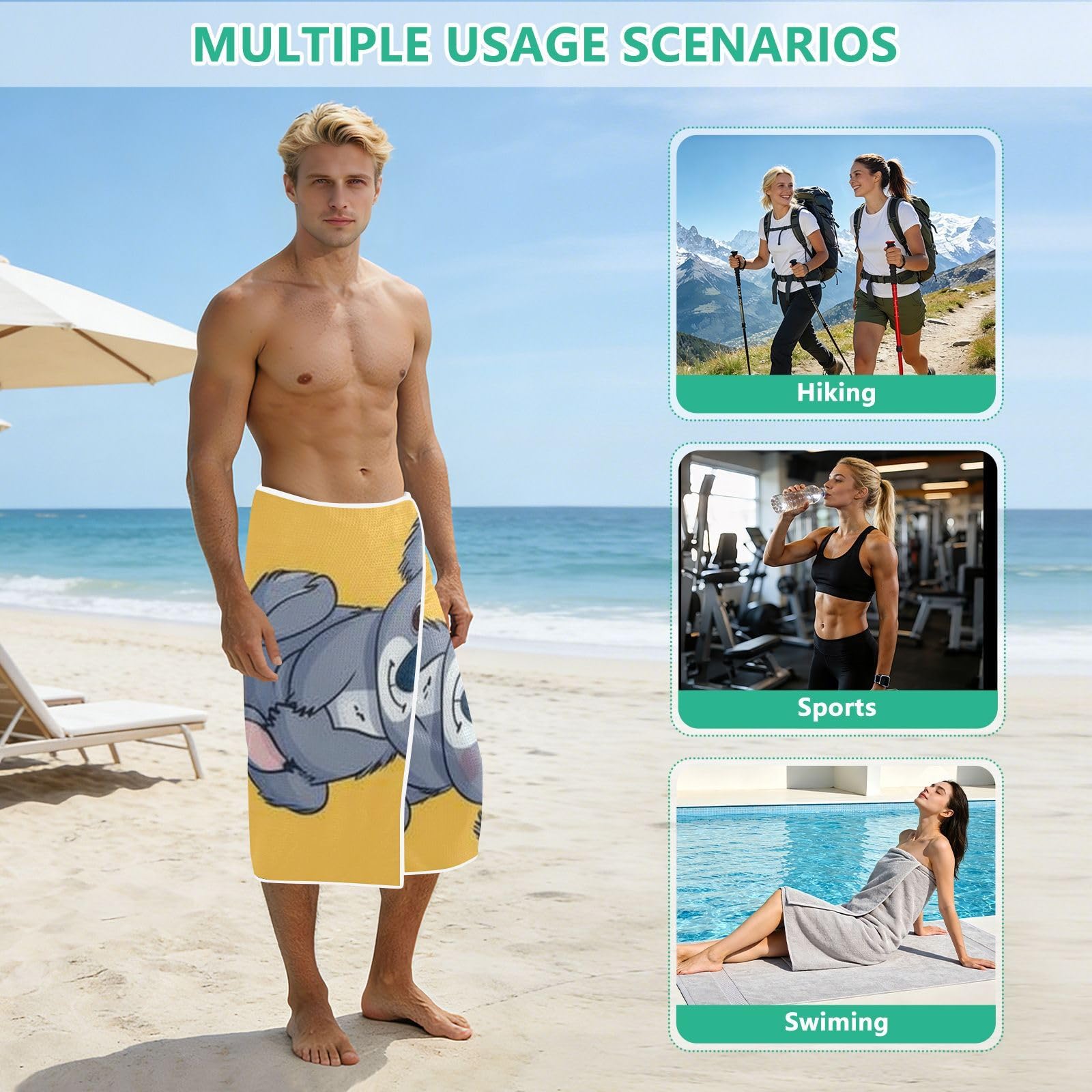 Grandes serviettes de plage avec sacs en maille pour adultes, motif koala mignon à pois blancs jaunes avec fermeture magnétique, serviette absorbante à séchage rapide pour piscine, camping et