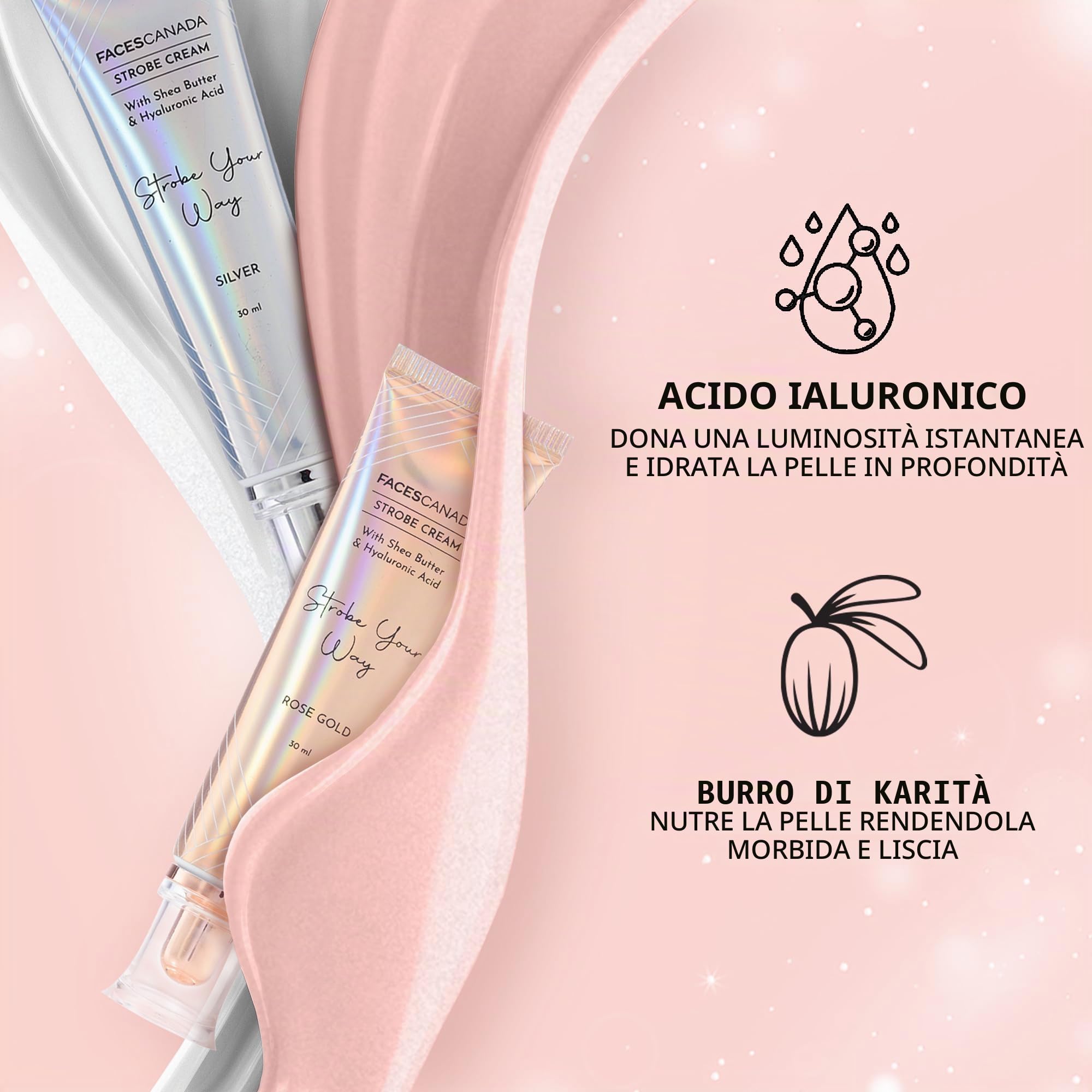 FACES Canada, crema stroboscopica color oro rosa, primer da 30 ml + evidenziatore + crema idratante burro di karitè e acido ialuronico idratazione intensa impeccabile e radiosa pelle rugiadosa base