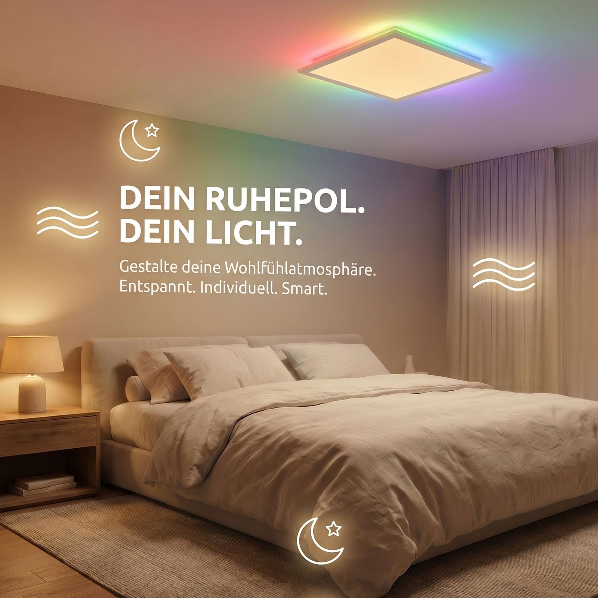 Maxkomfort LED RGB Deckenleuchte - Dimmbar, 3 Lichtfarben, RGB-Farbwechsel & Indirekte Beleuchtung - Modernes Panel für Wohnzimmer, Schlafzimmer, Büro - 45x45 cm - Weiß