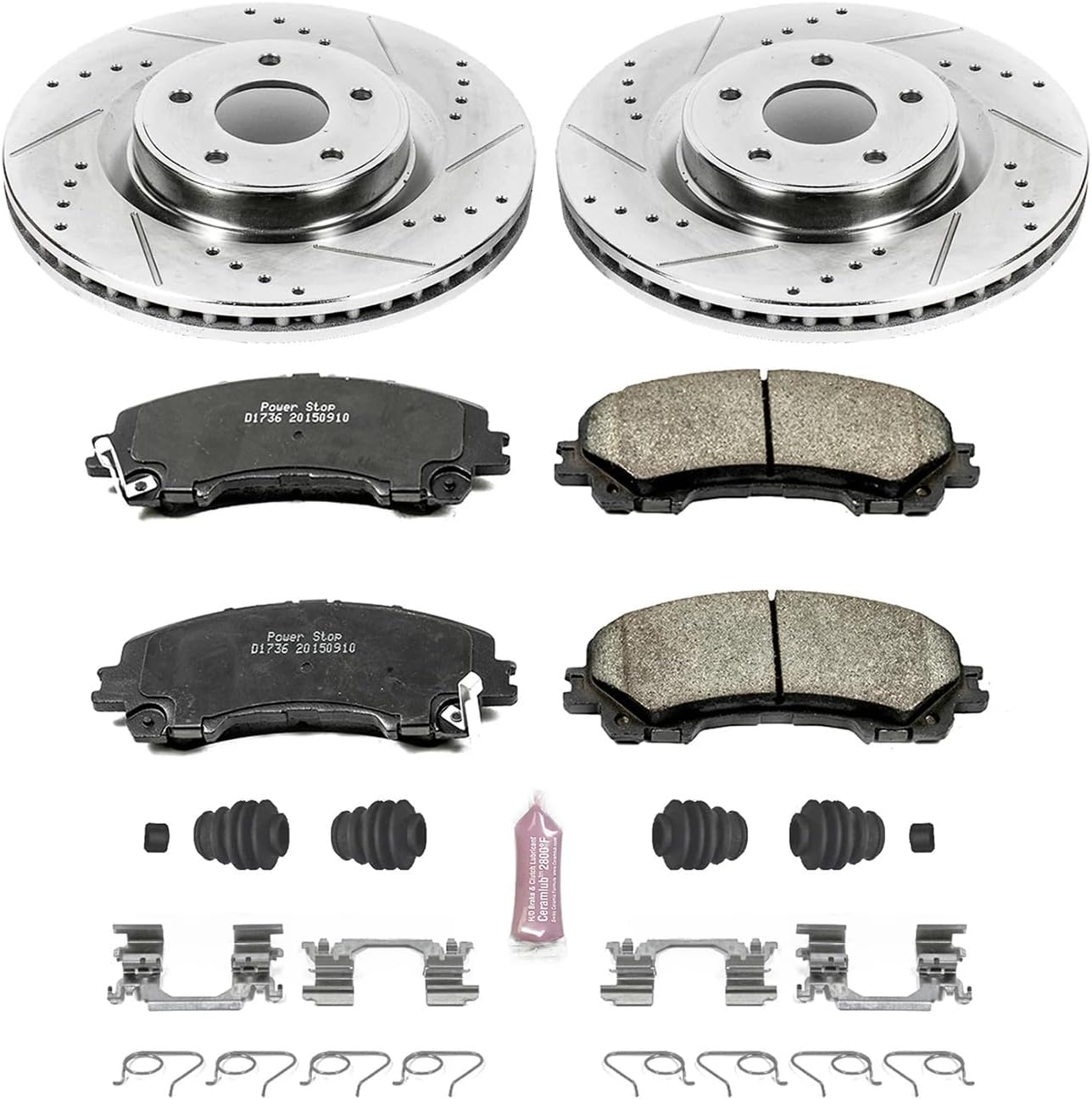 PowerStop Front Brake Kit For Infiniti Q50 2014-24 |Q60 2017-22 |QX50 2016-17 |Nissan Z 2023-24 - Drilled and Slotted Disc Rotors with Ceramic Brake Pads Replacement, K6944