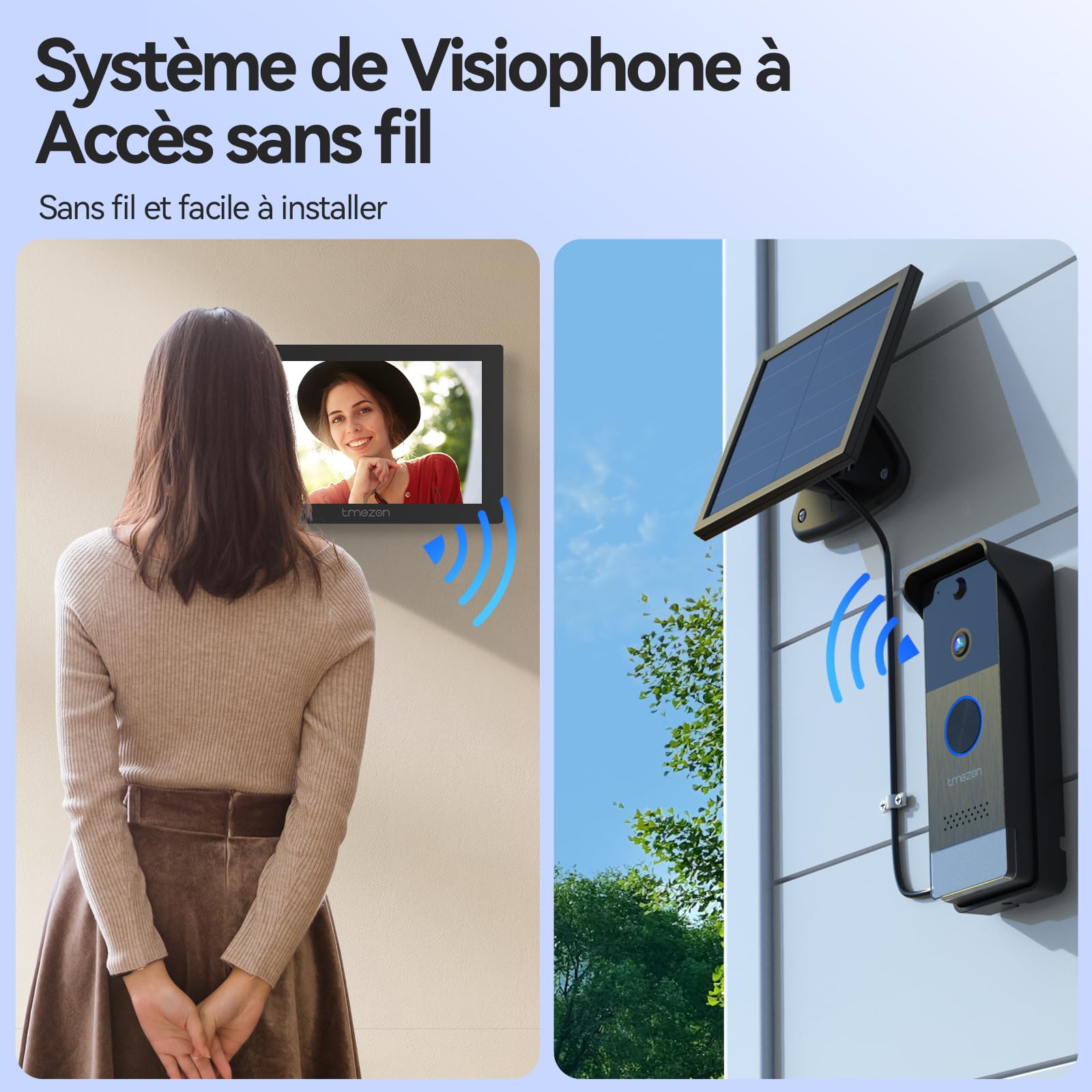 TMEZON Visiophone sans Fil avec Panneau Solaire,Kit Interphone Vidéo WiFi 1080P, Ecran Tactile Couleur 7’’, Sonnette Vidéo Extérieur,Audio Bidirectionnel,WiFi 2,4/5 GHz,PIR Détection de Humain