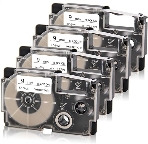 Absonic Paquete de 4 cintas adhesivas compatibles con Casio de 0.354 in XR-9WE XR-9WE2S XR9WE2S de 0.354 in, color negro sobre blanco, etiqueta para