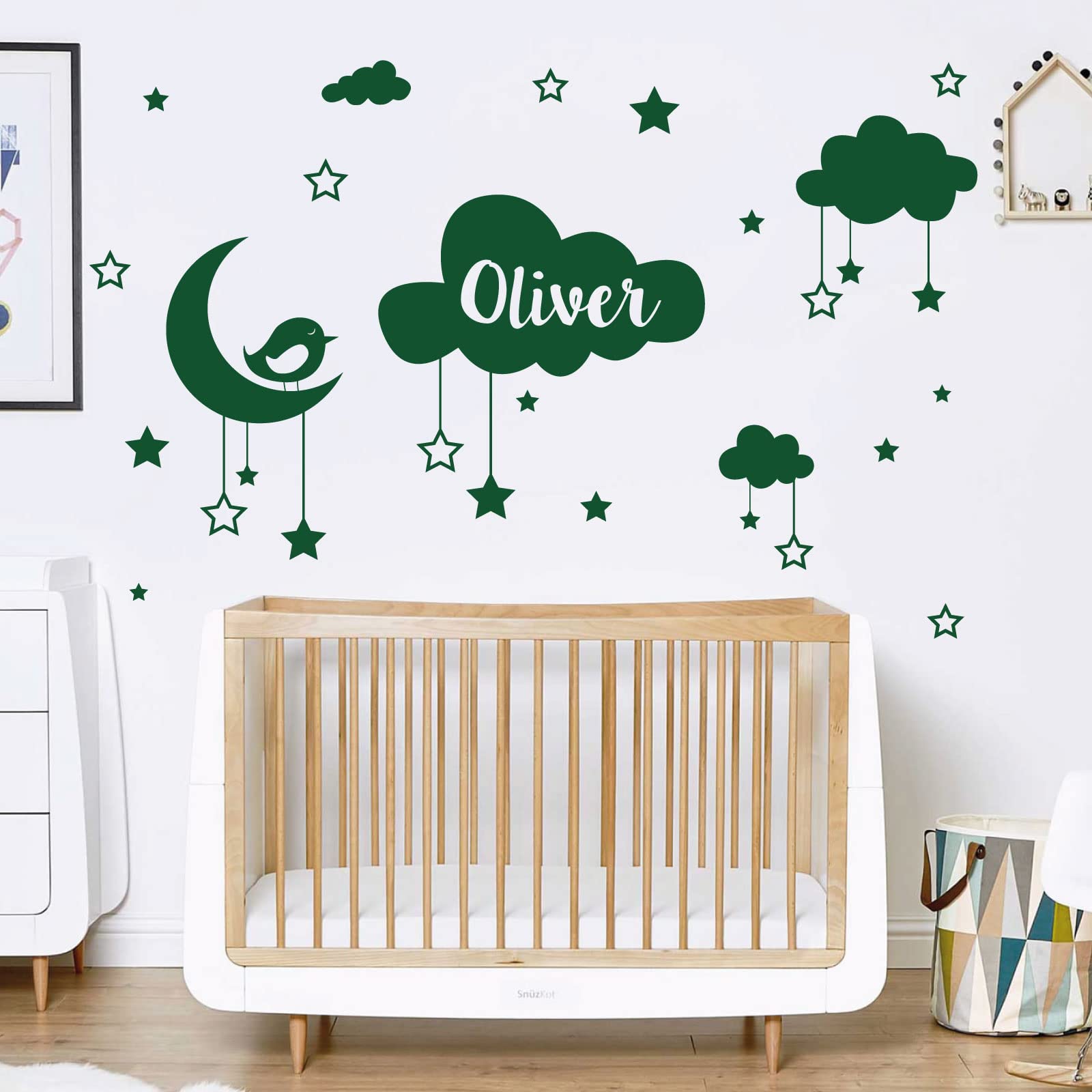 Personalised Name Baby Wall Sticker - Clouds, Stars, Moon & Bird [Large] [Forest]