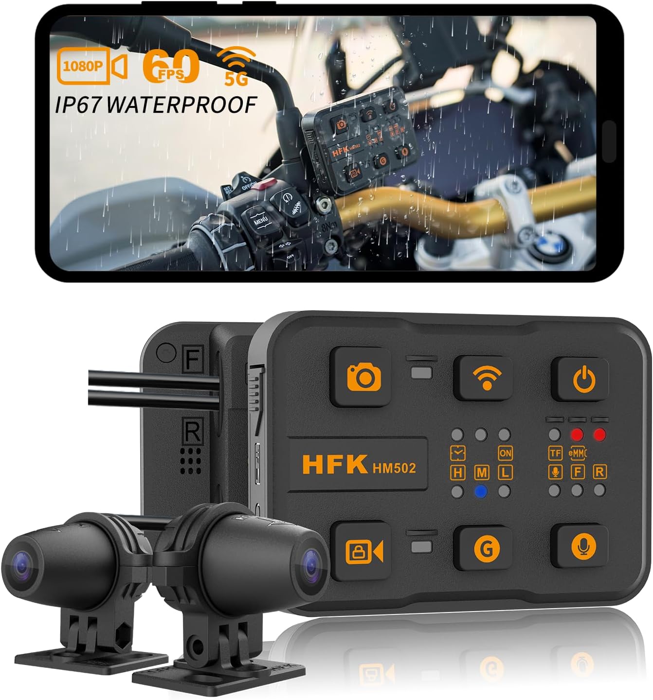 HFK HM502 Motorcycle Dash Cam Front and Rear, Dual 1080P Dash Cam for Motorcycle, IP67 Waterproof, 5G WiFi, 150° Wide Angle, Night Vision, G-Sensor, Built in eMMC 128GB Storage, Support 512GB Max