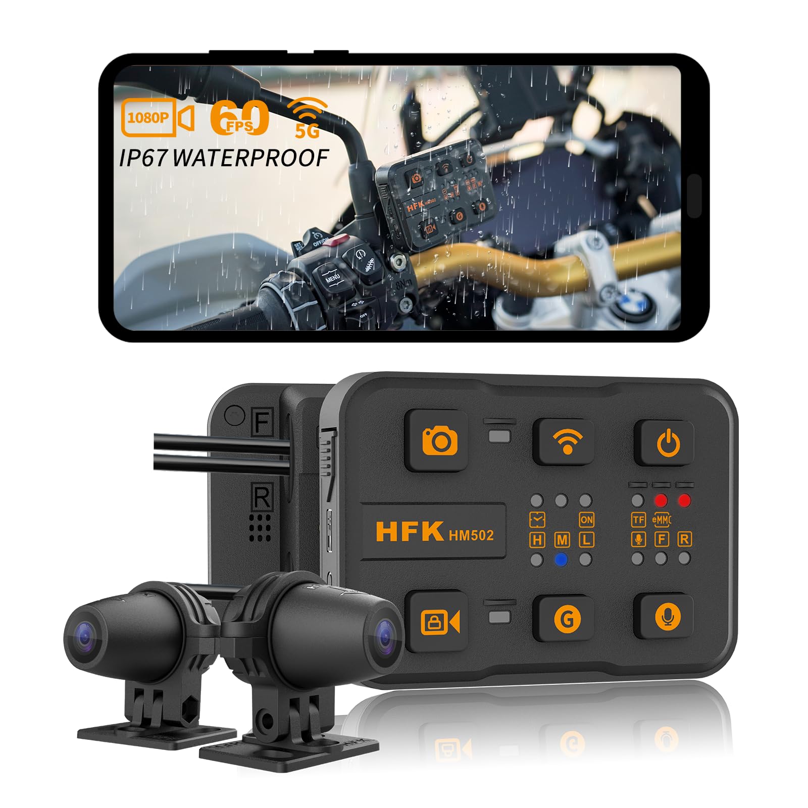 Photo 1 of HFK HM502 Motorcycle Dash Cam Front and Rear, Dual 1080P Dash Cam for Motorcycle, IP67 Waterproof, 5G WiFi, 150° Wide Angle, Night Vision, G-Sensor, Built in eMMC 128GB Storage, Support 512GB Max