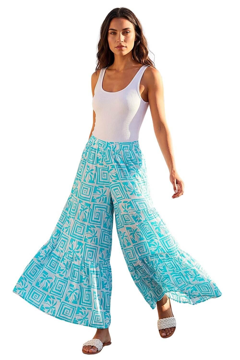 Roman Women's Palm Tile Print Tiered Palazzo Trouser in Turquoise | Size: Medium