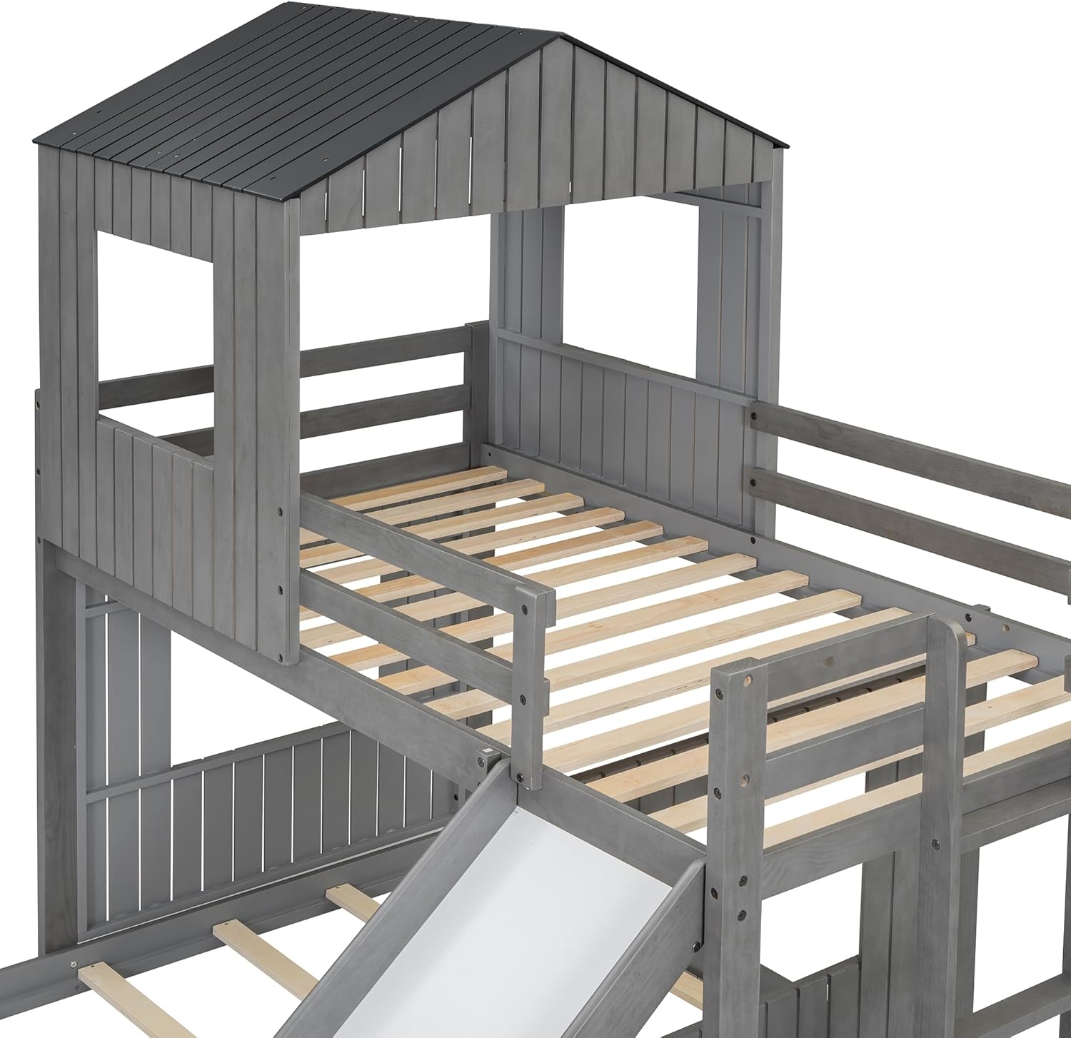 Harper & Bright Designs Twin Over Full House Bunk Bed with Slide, Roof and Window, Solid Wood Floor Bunk Bed Frame, Playhouse Bed for Kids Girls Boys Teens (Antique Gray)