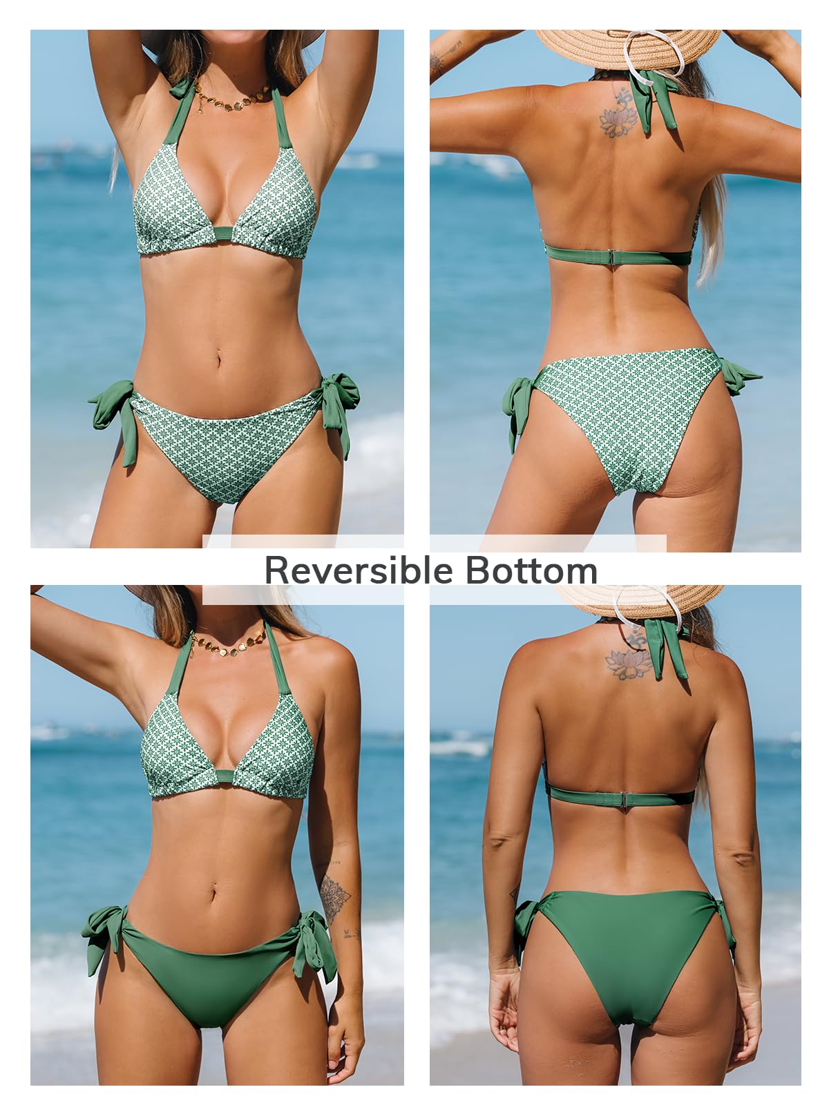 CUPSHE Conjunto de bikini para mujer, traje de baño de dos piezas, cuello en V, parte inferior reversible, parte inferior halter, gancho trasero